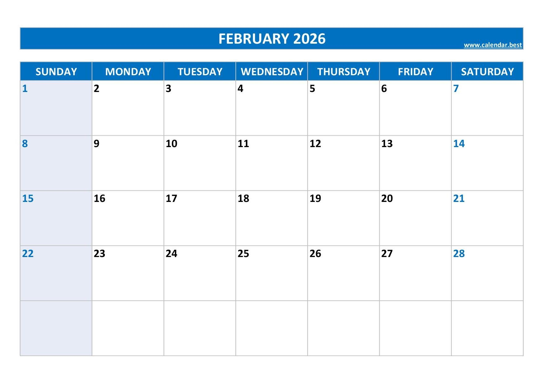 Blank Calendar February 2026 Printable