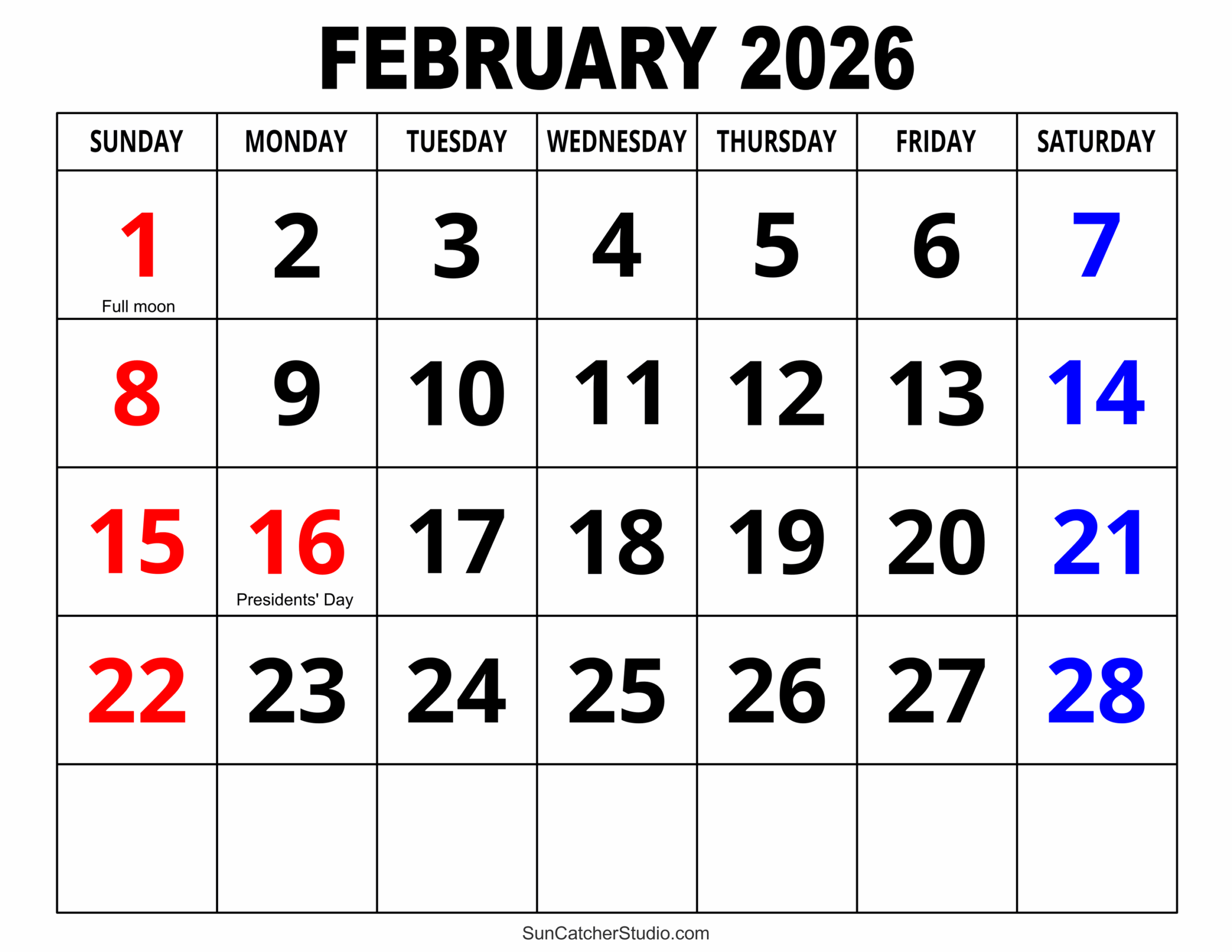 February 2026 Monthly Calendar Printable