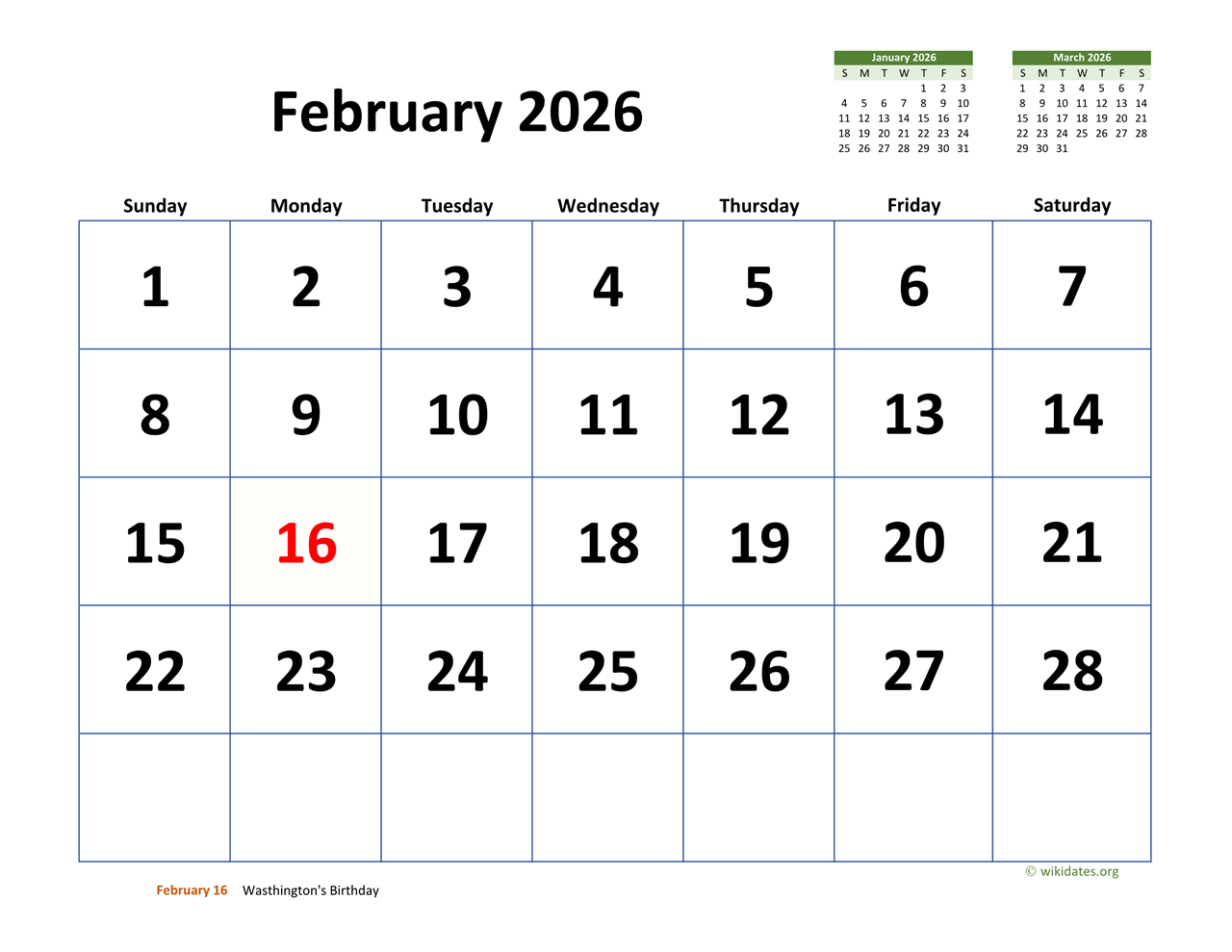 February 2026 Calendar Page