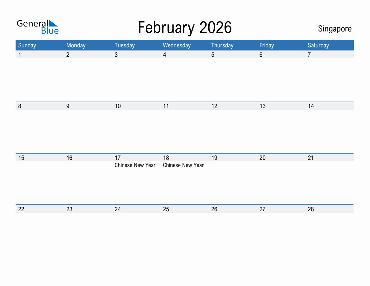 February 2026 Calendar Singapore