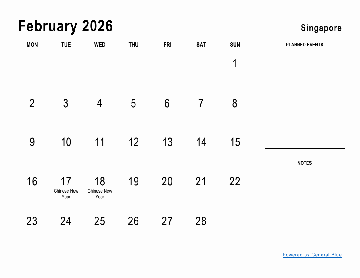 February 2026 Planner With Singapore Holidays Monday Start 