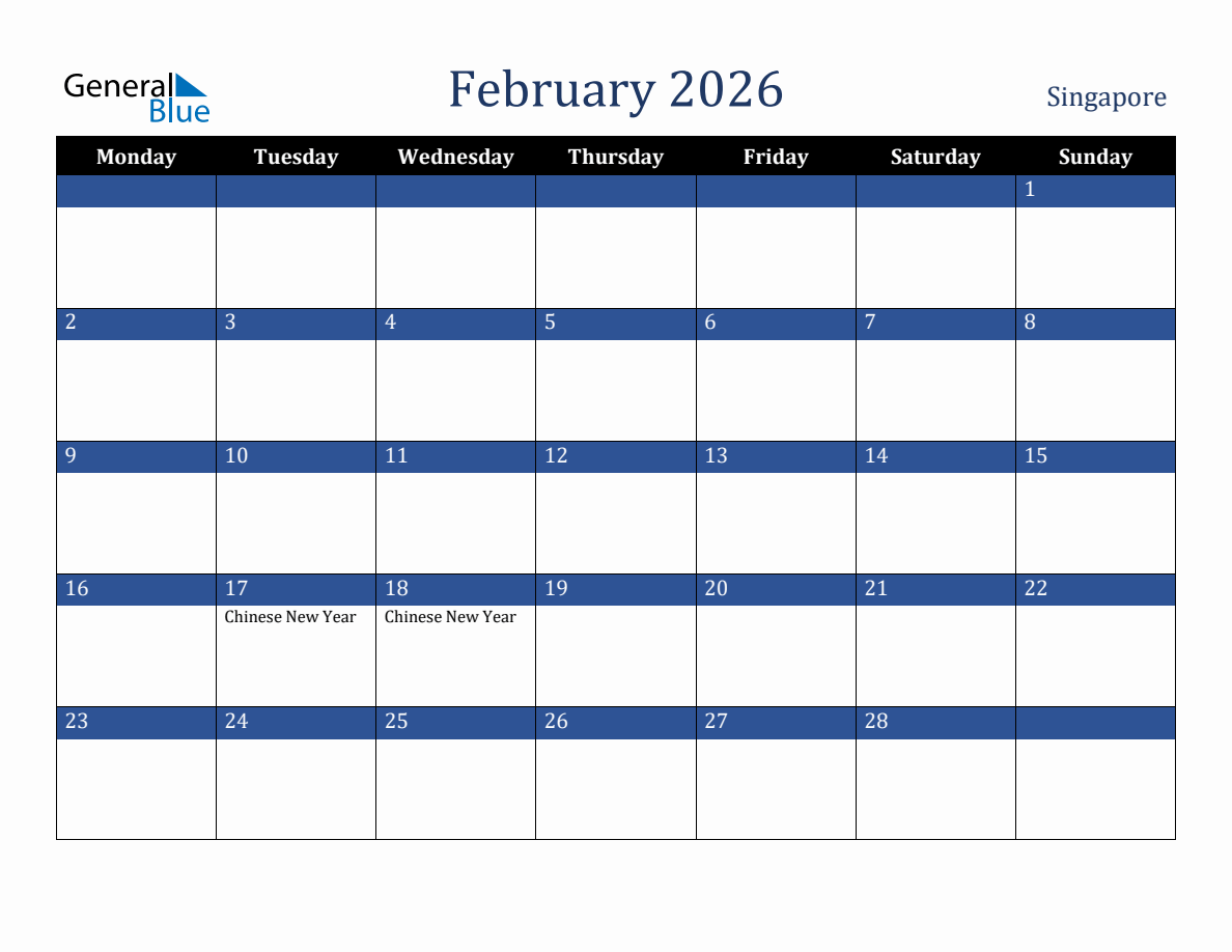 February 2026 Singapore Holiday Calendar Monday Start 