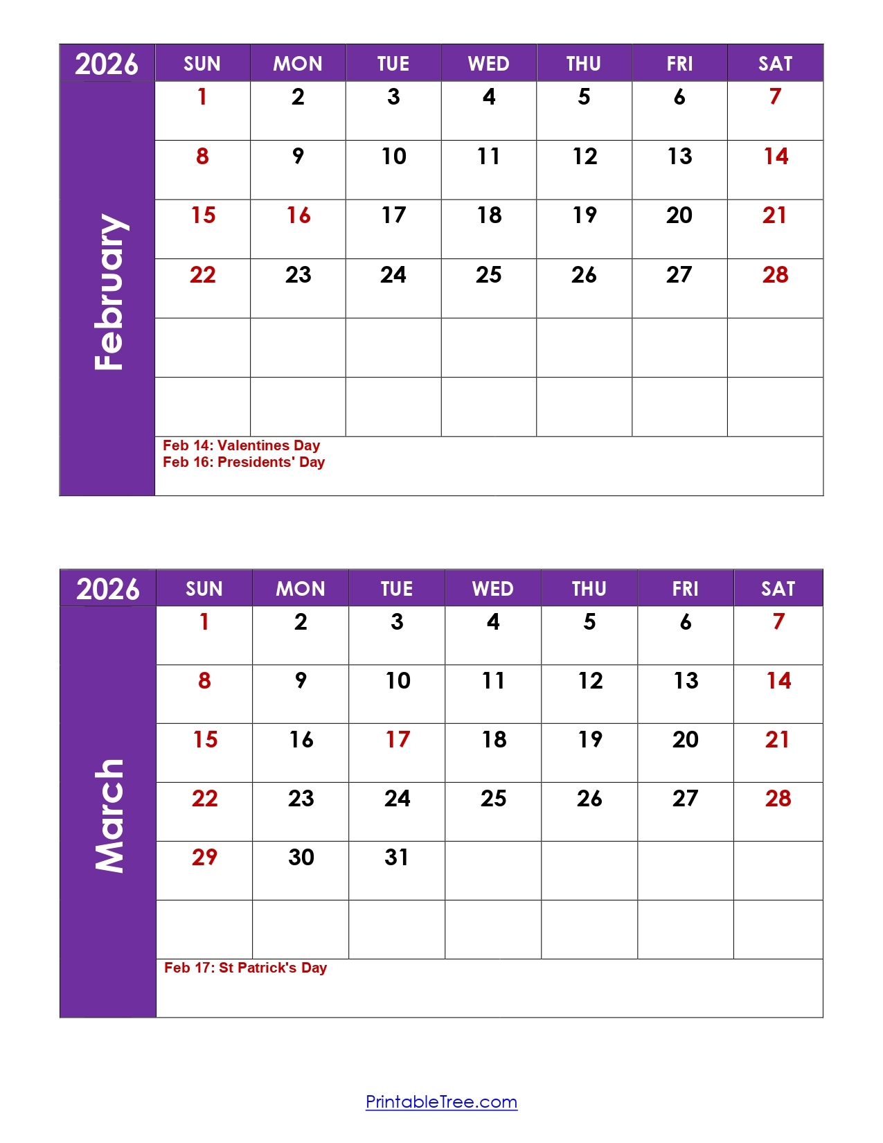 January February March 2026 Calendar Printable