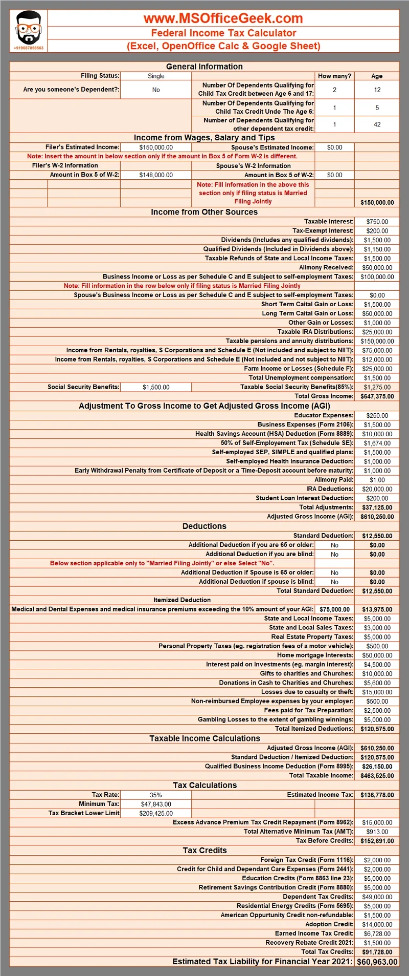 Federal Income Tax Calculator 2024 MSOfficeGeek