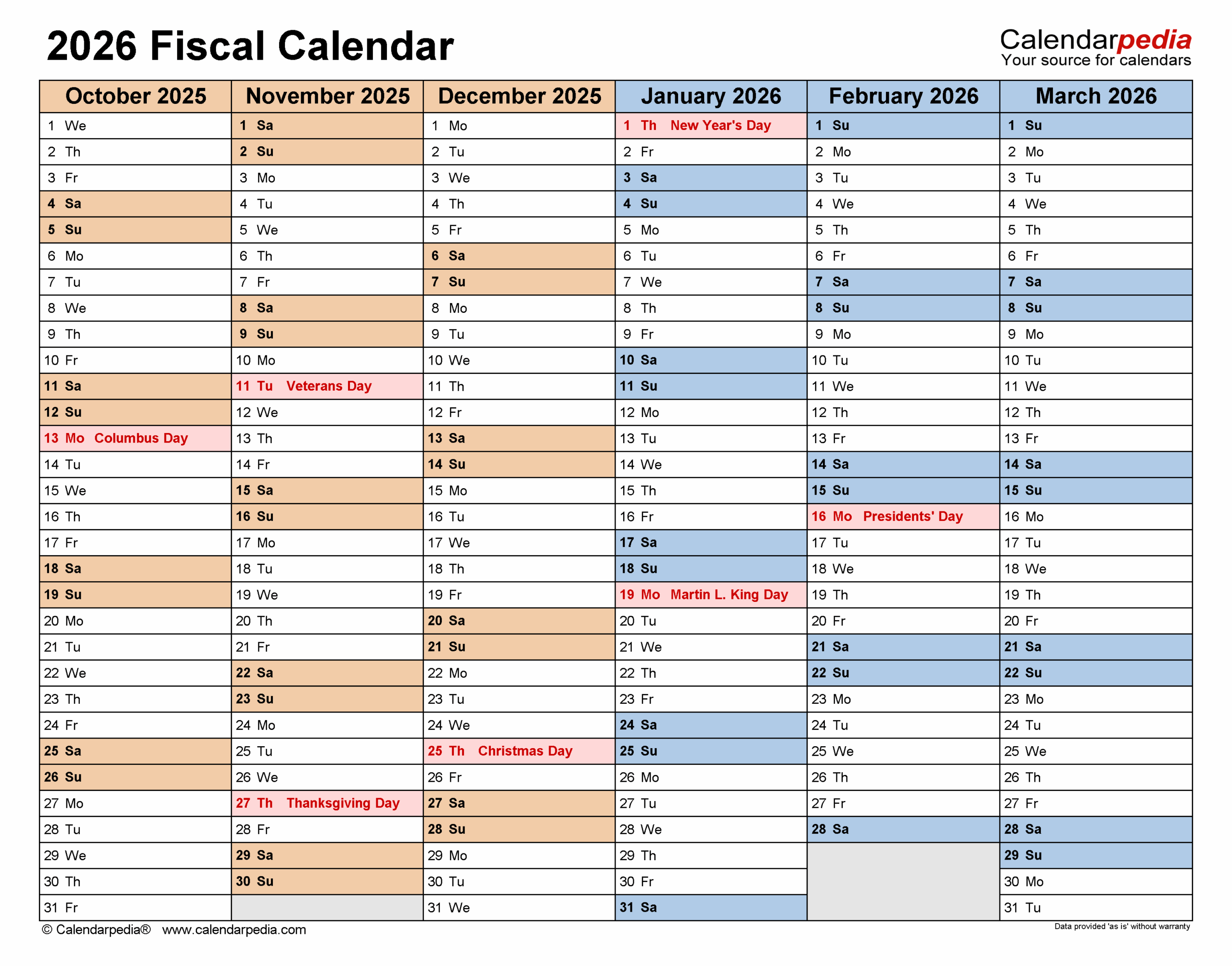 Fiscal Calendars 2026 Free Printable PDF Templates