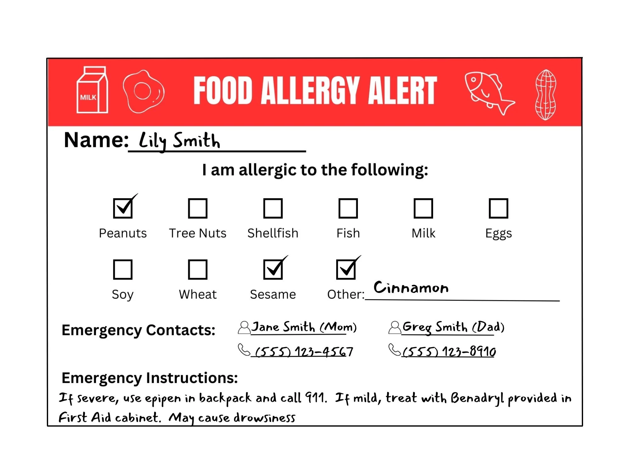 Food Allergy Alert Card Digital Download Printable Children 