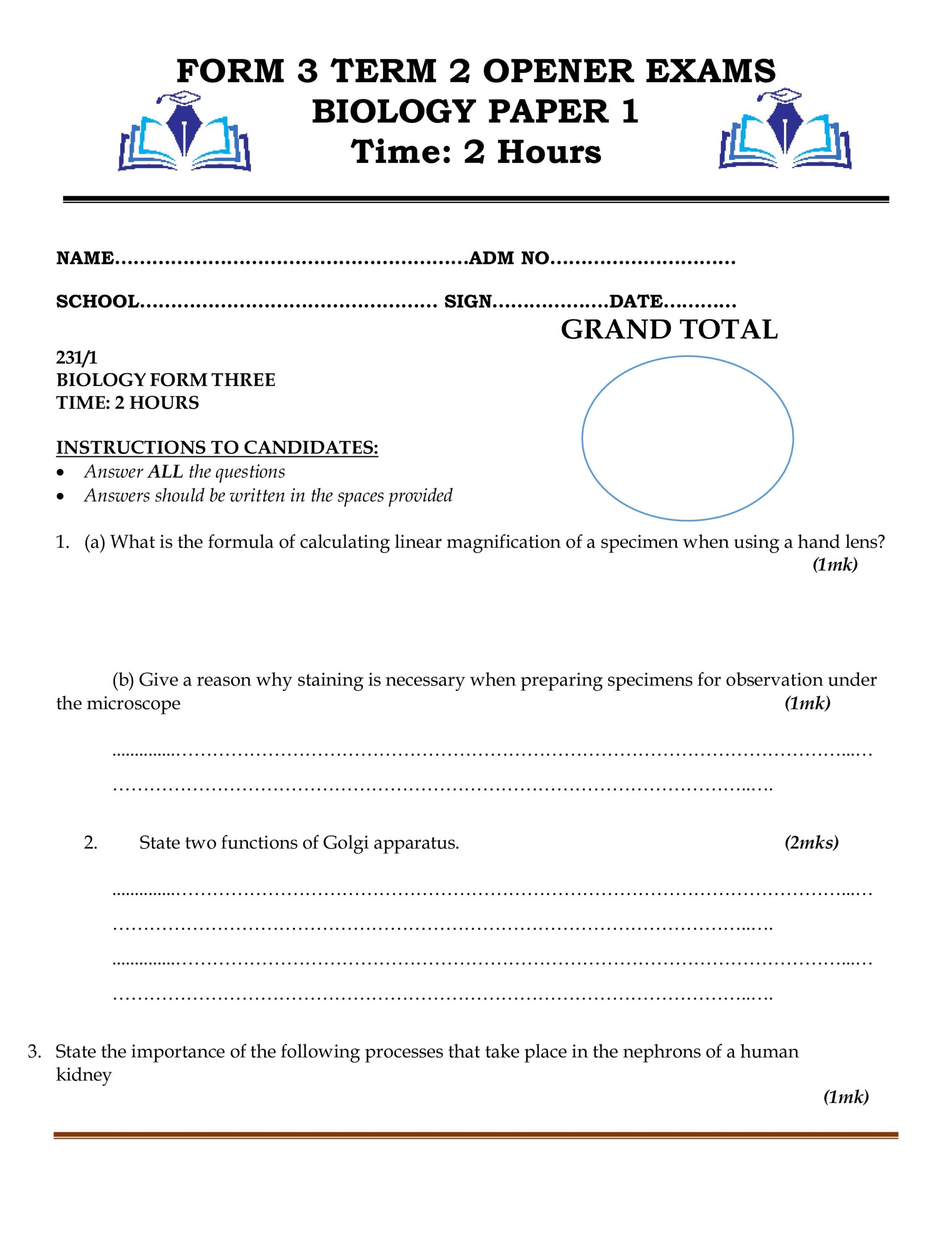 Form 3 Biology Paper 1 Term 2 Opener Exams 2025 With Marking Scheme 