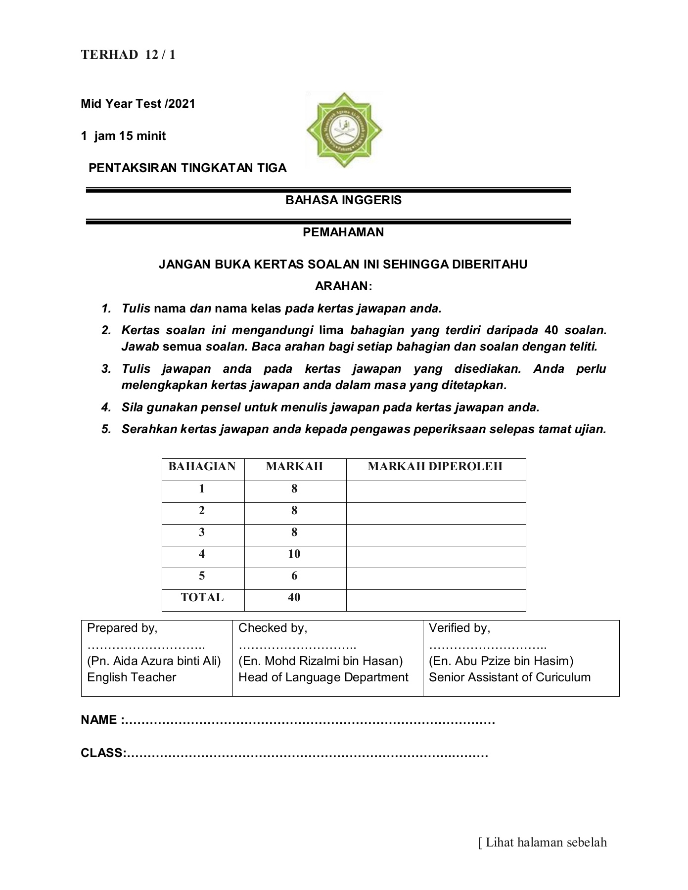 Form 3 Paper 1 Mid Year Test