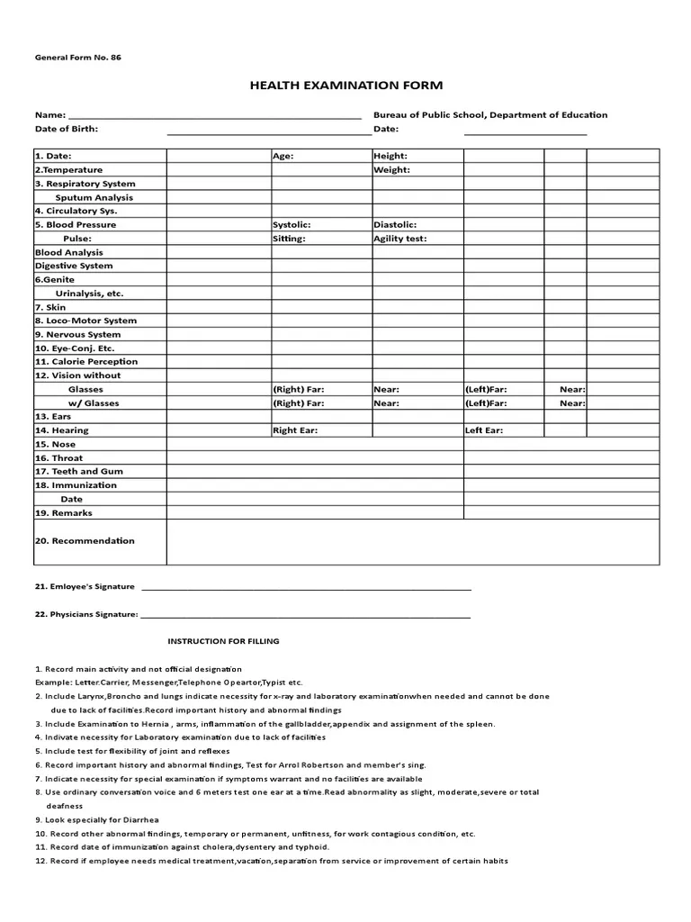 Form 86 Health Examination Form 1 PDF Blood Pressure Medicine
