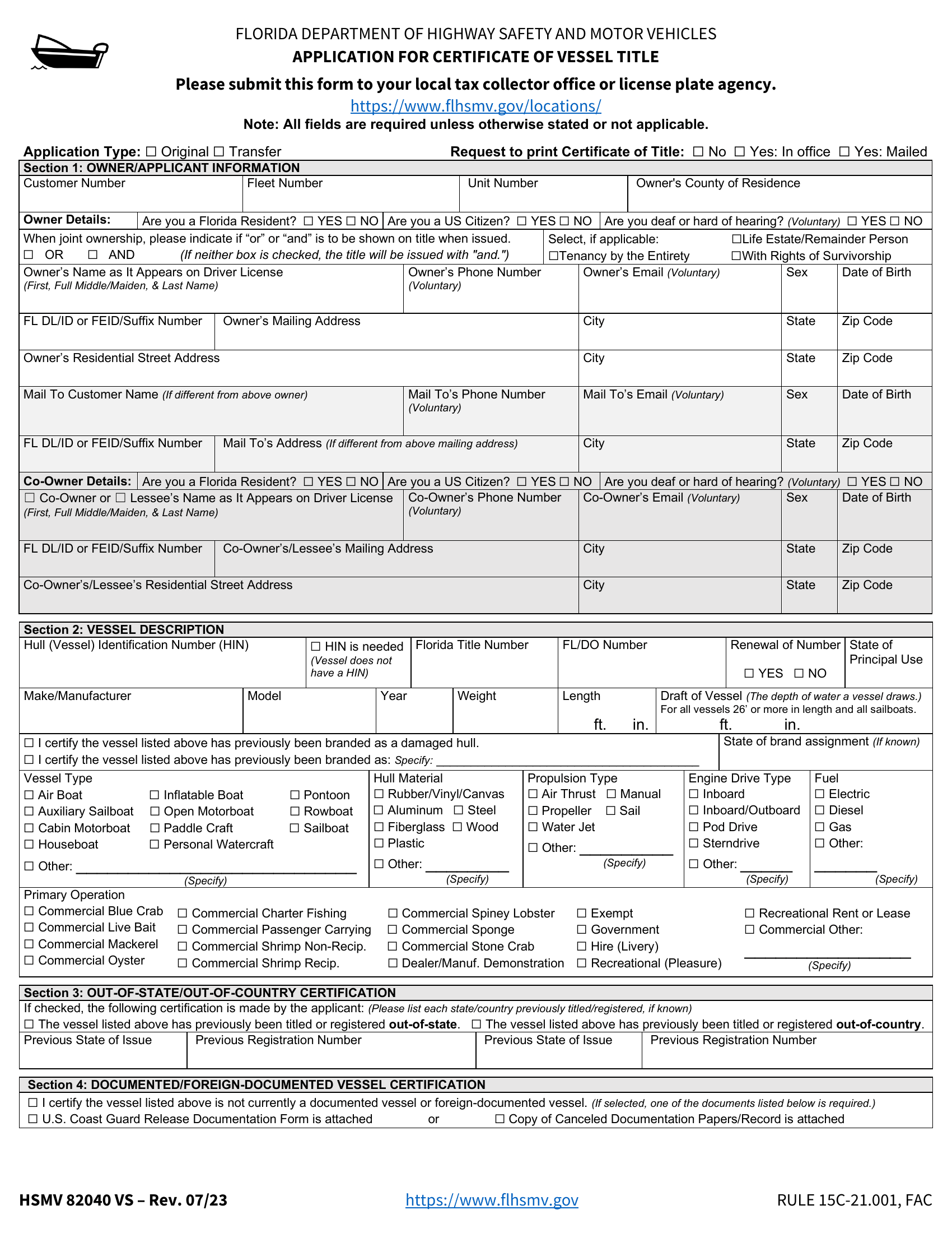 Form HSMV 82040 VS Application For Certificate Of Vessel Title 