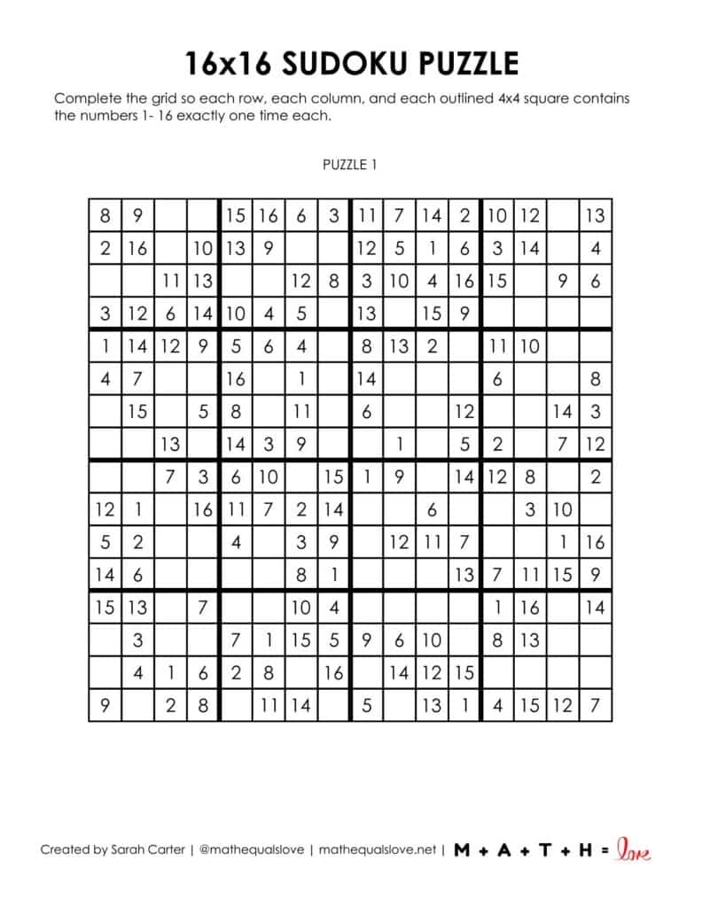 Free 16x16 Printable Sudoku Puzzles PDF 
