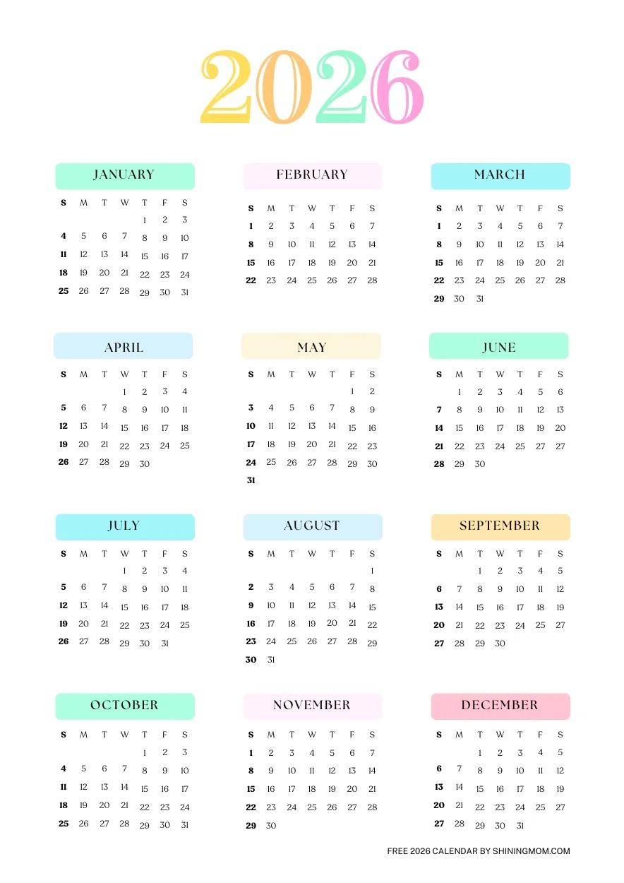 Printable Calendar Free For 2026