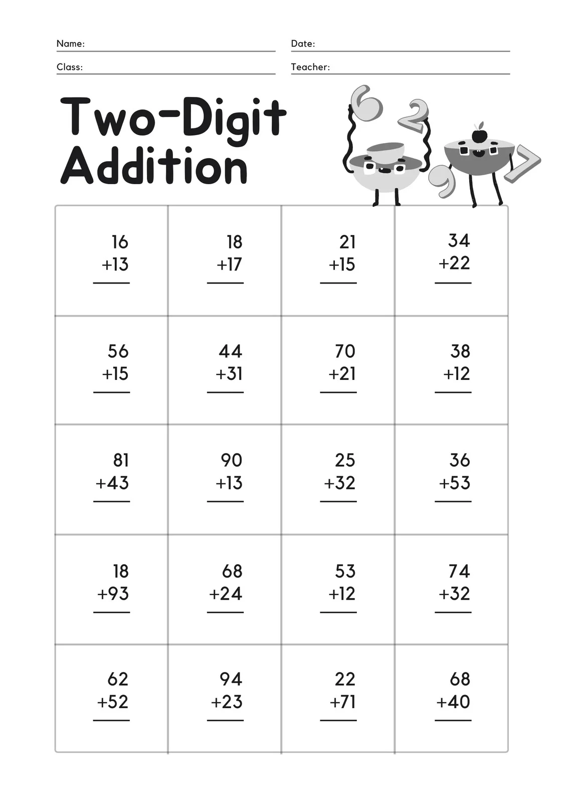 Addition Math Facts Printable