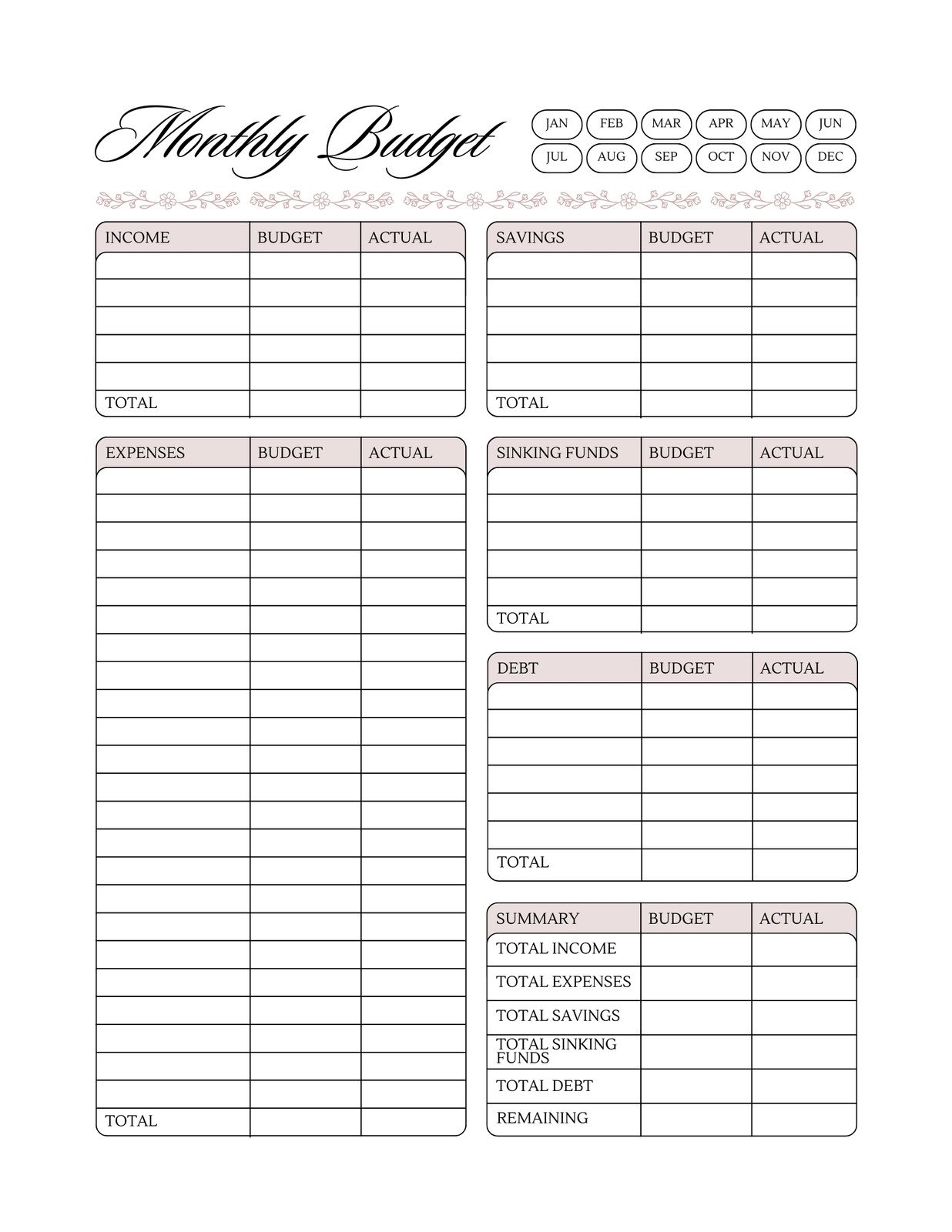 Monthly Budget Template Printable Free