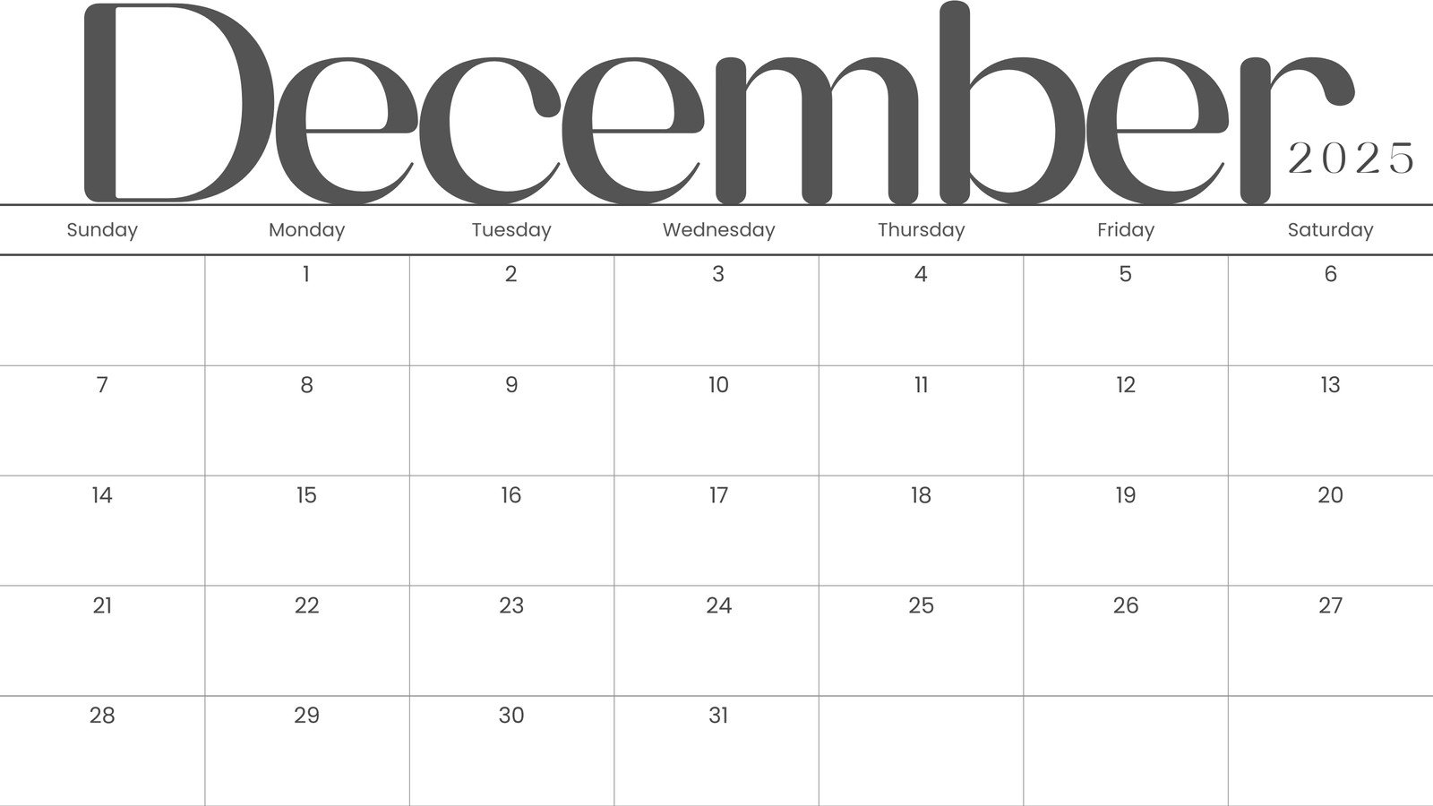 December Month Calendar Printable