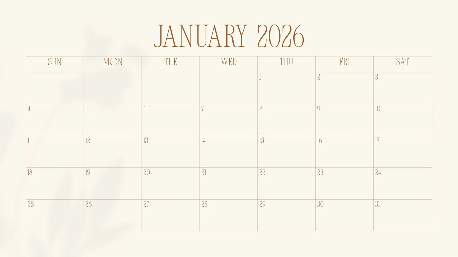 Blank Calendar Monthly 2026 Printable