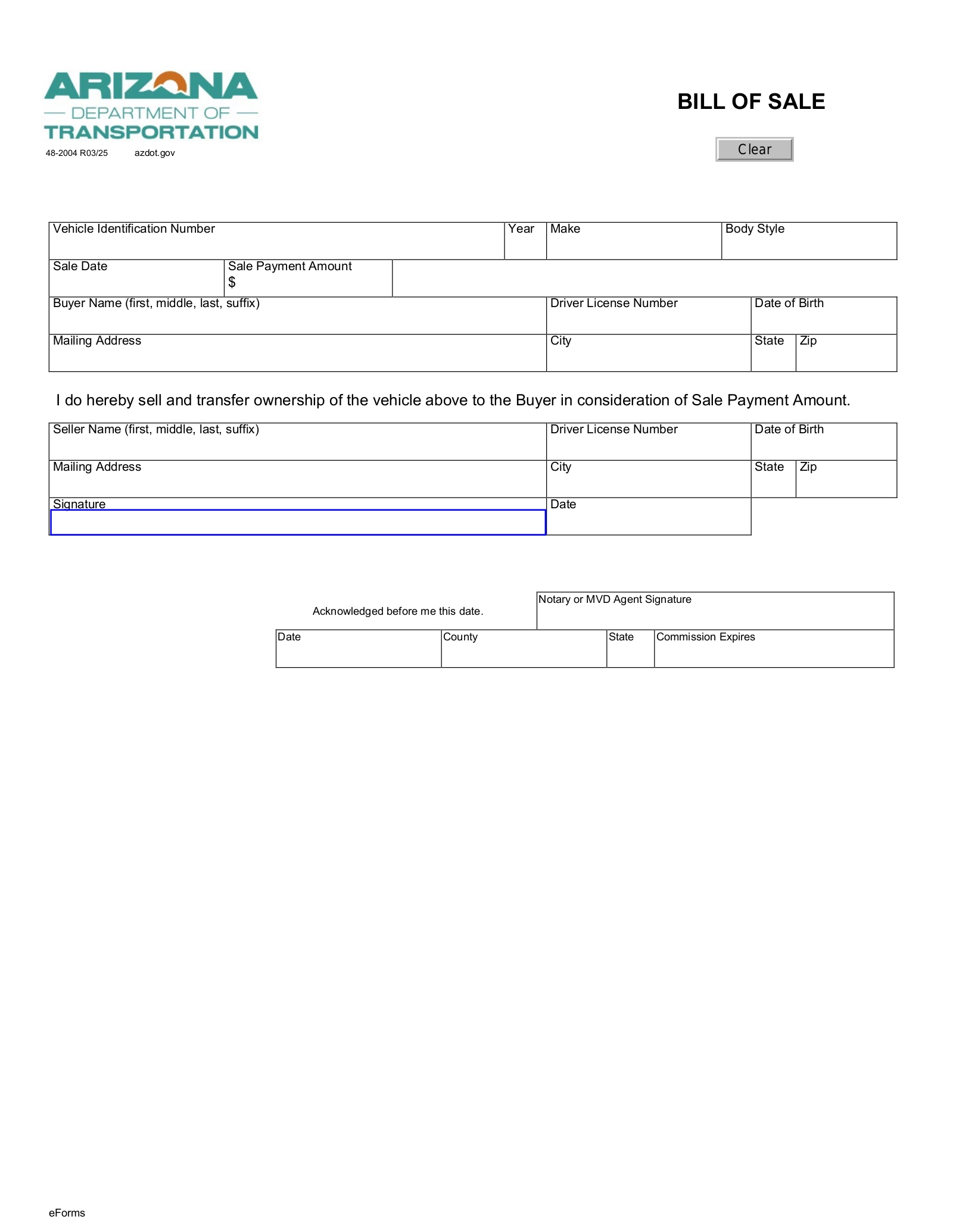 Free Arizona Bill Of Sale Forms 4 PDF EForms