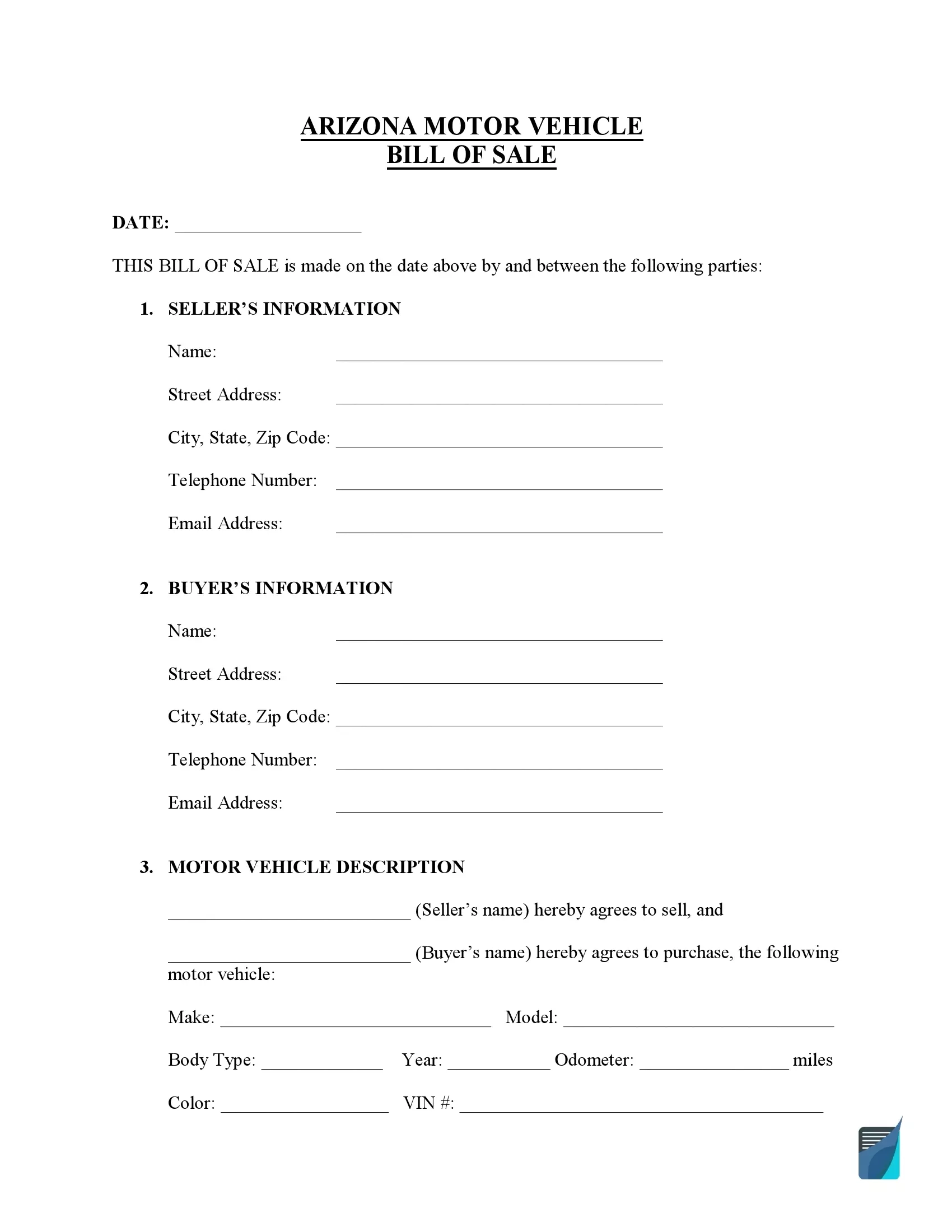 Free Arizona Bill Of Sale Forms PDF FormsPal