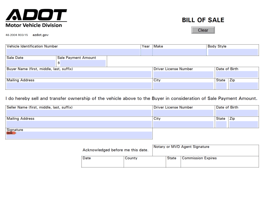 Free Arizona Bill Of Sale Forms PDF