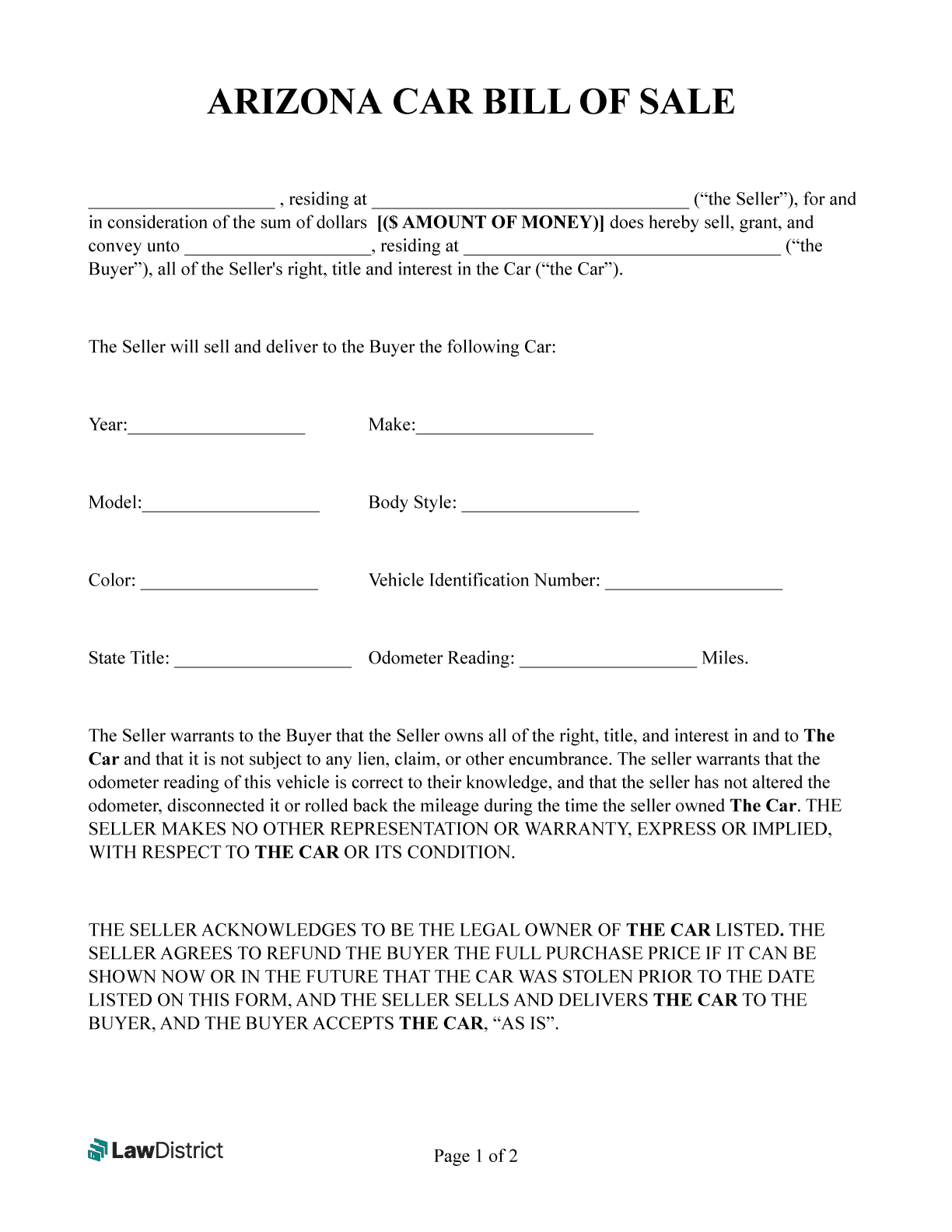 Bill Of Sale Form Printable Dmv Az