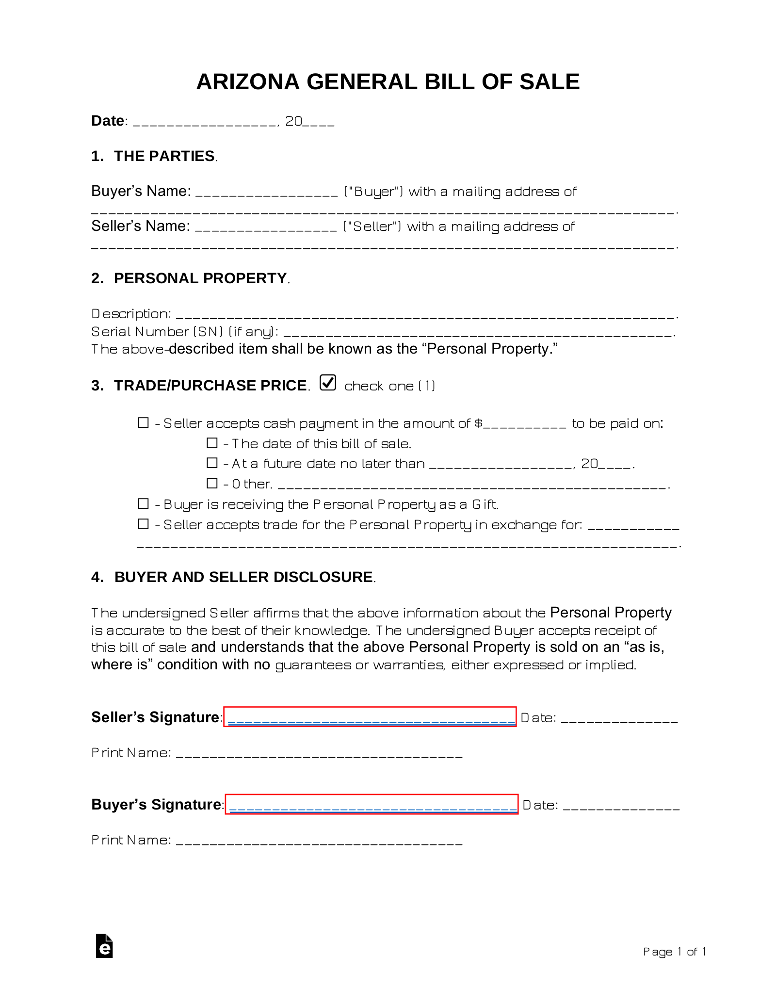 Bill Of Sale Form Printable Arizona