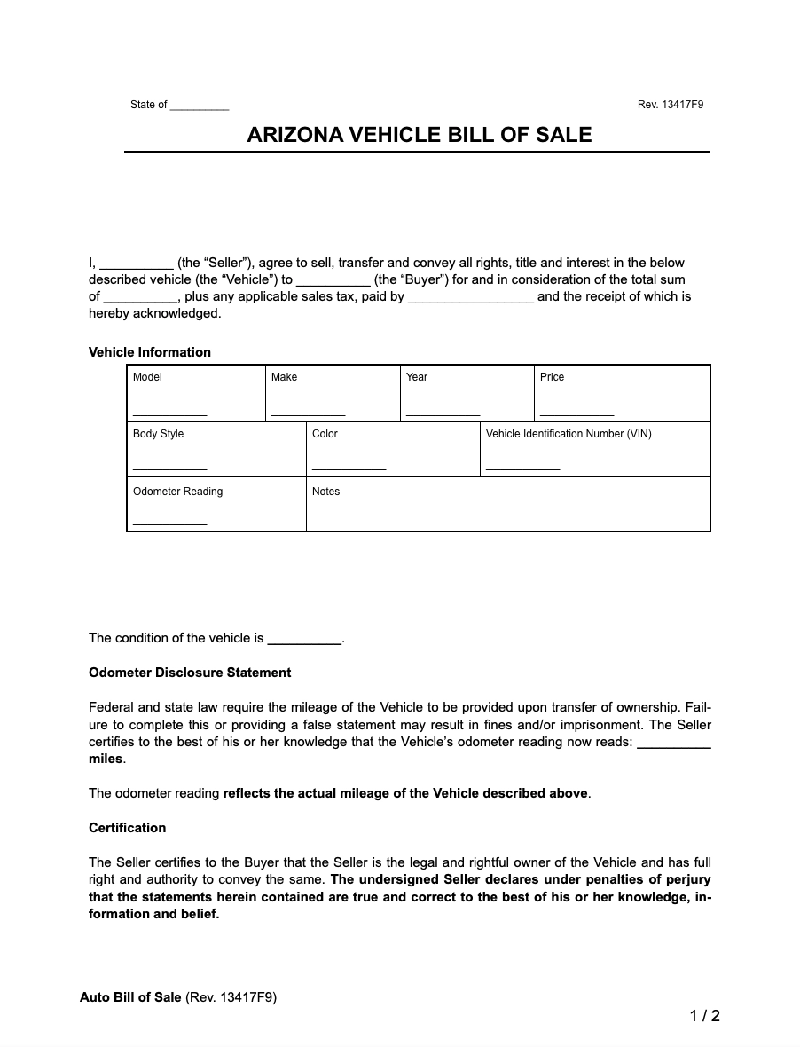 Free Arizona Vehicle Bill Of Sale Form PDF amp Word
