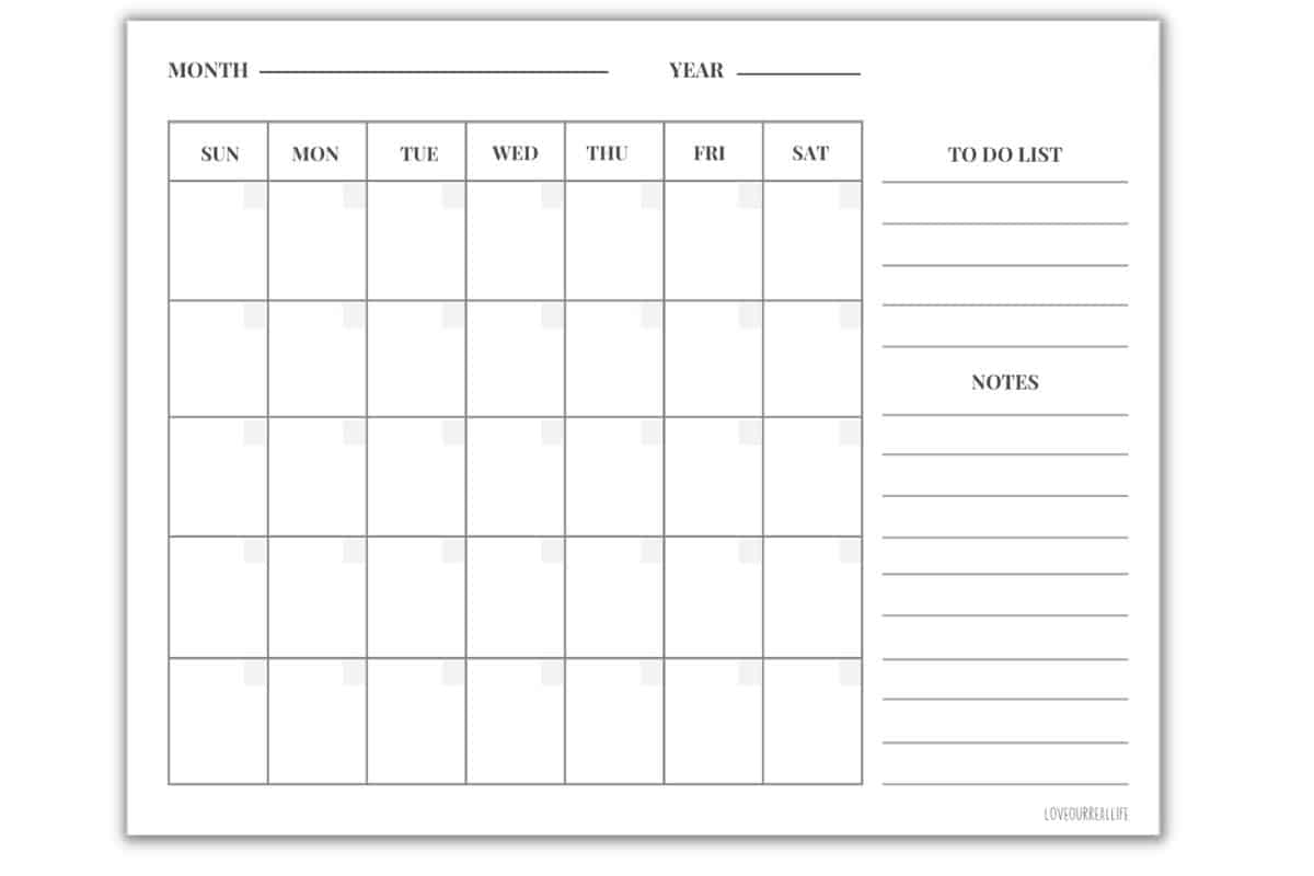 Printable Calendar Large Spaces Blank