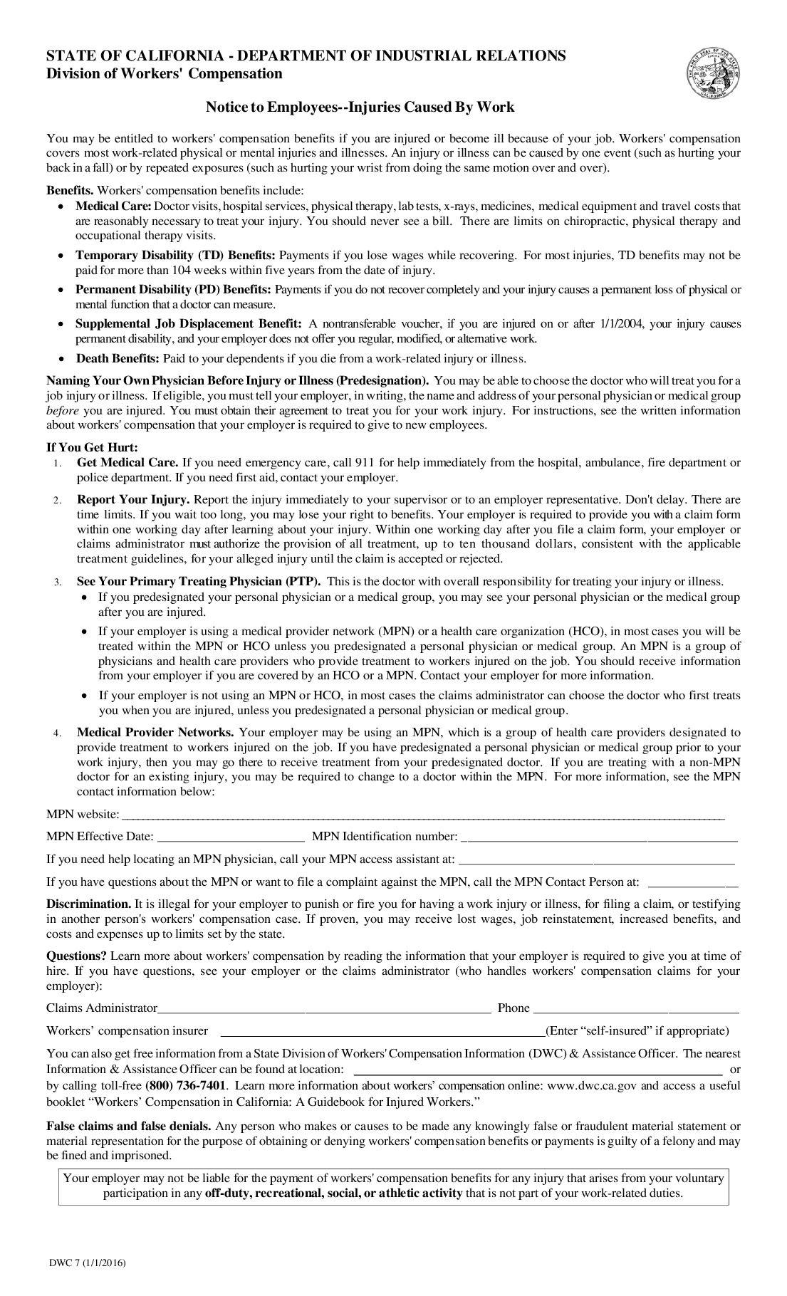 Free California California Workers Compensation Labor Law Poster 2026