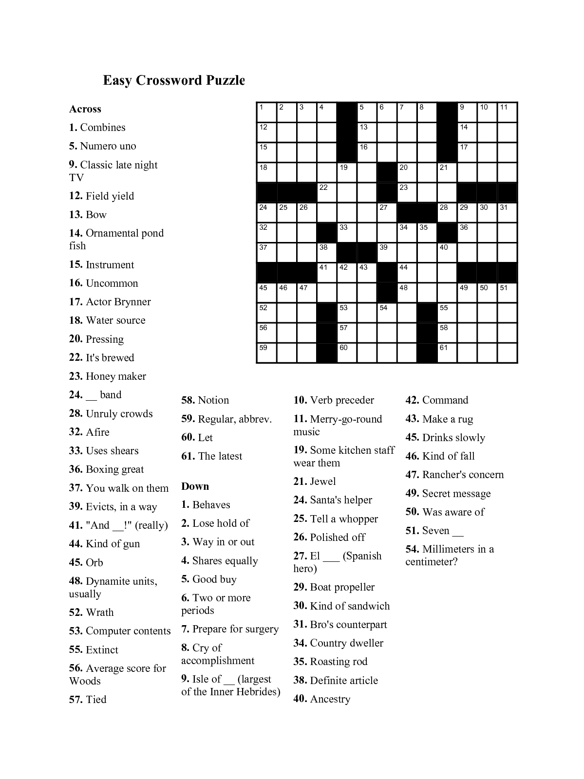 Large Printable Crossword Puzzles For Seniors