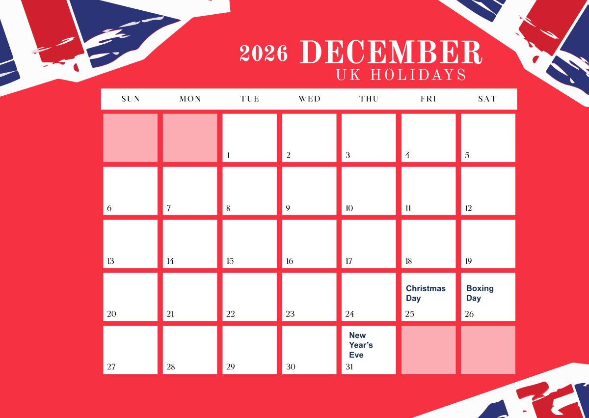 Free December 2026 Calendar With UK Holidays Template To Edit Online