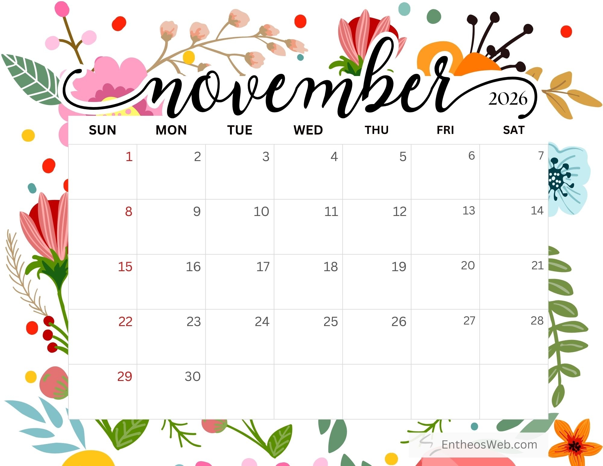Free Floral 2026 Printable Calendar EntheosWeb