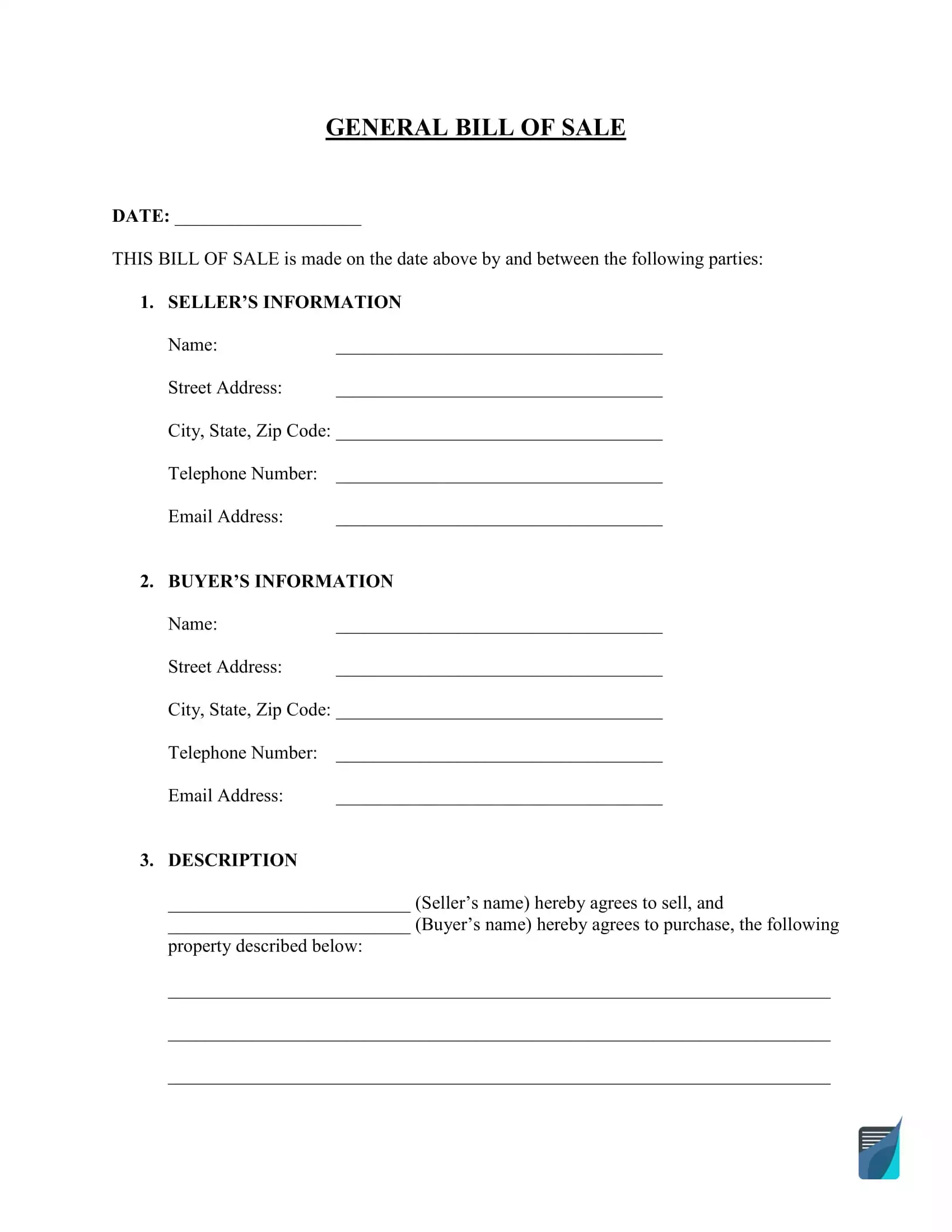 Free Generic Personal Property Bill Of Sale Form FormsPal