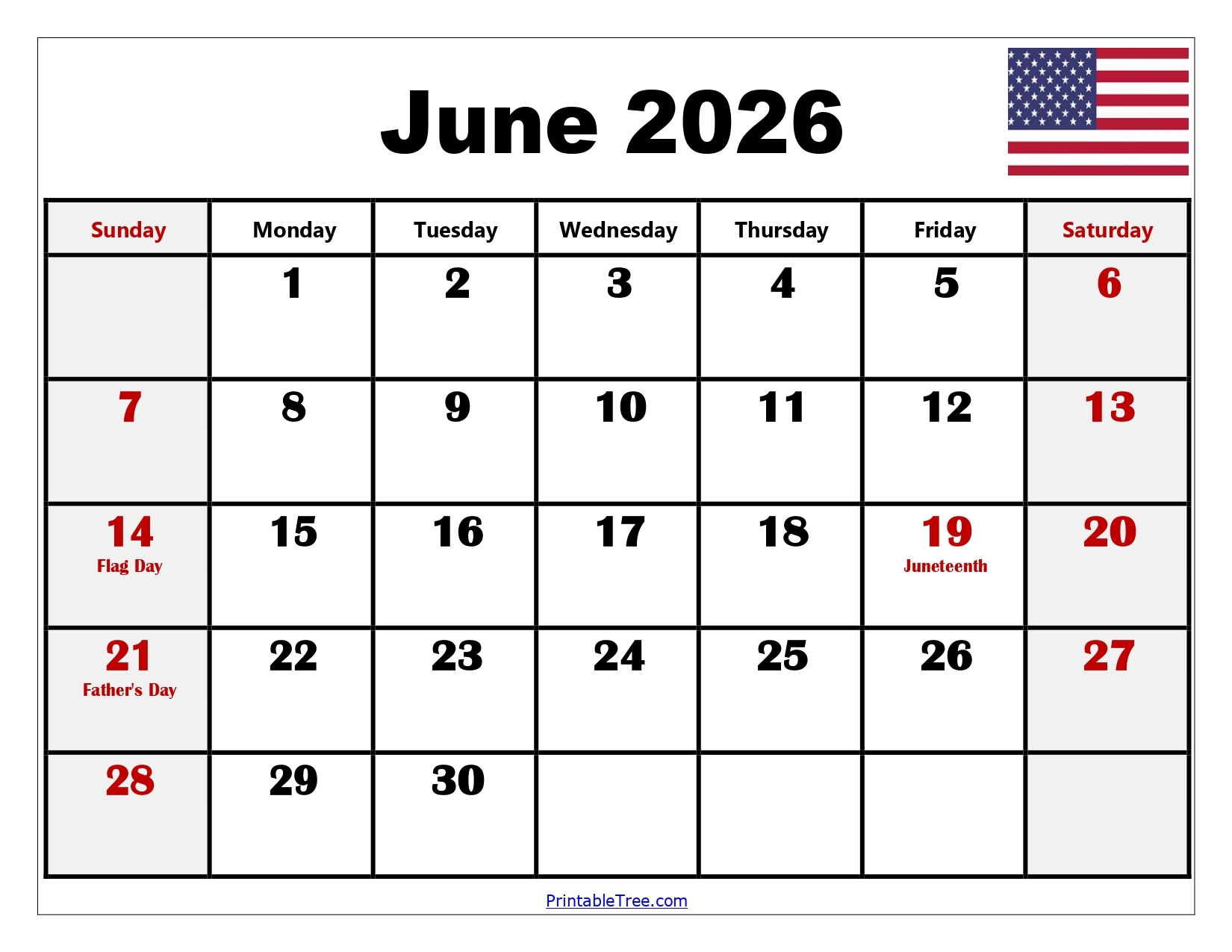 Blank 2026 Calendar Printable June