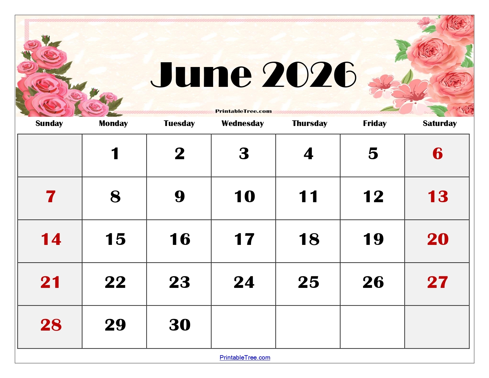 Free Printable June 2026 Calendar