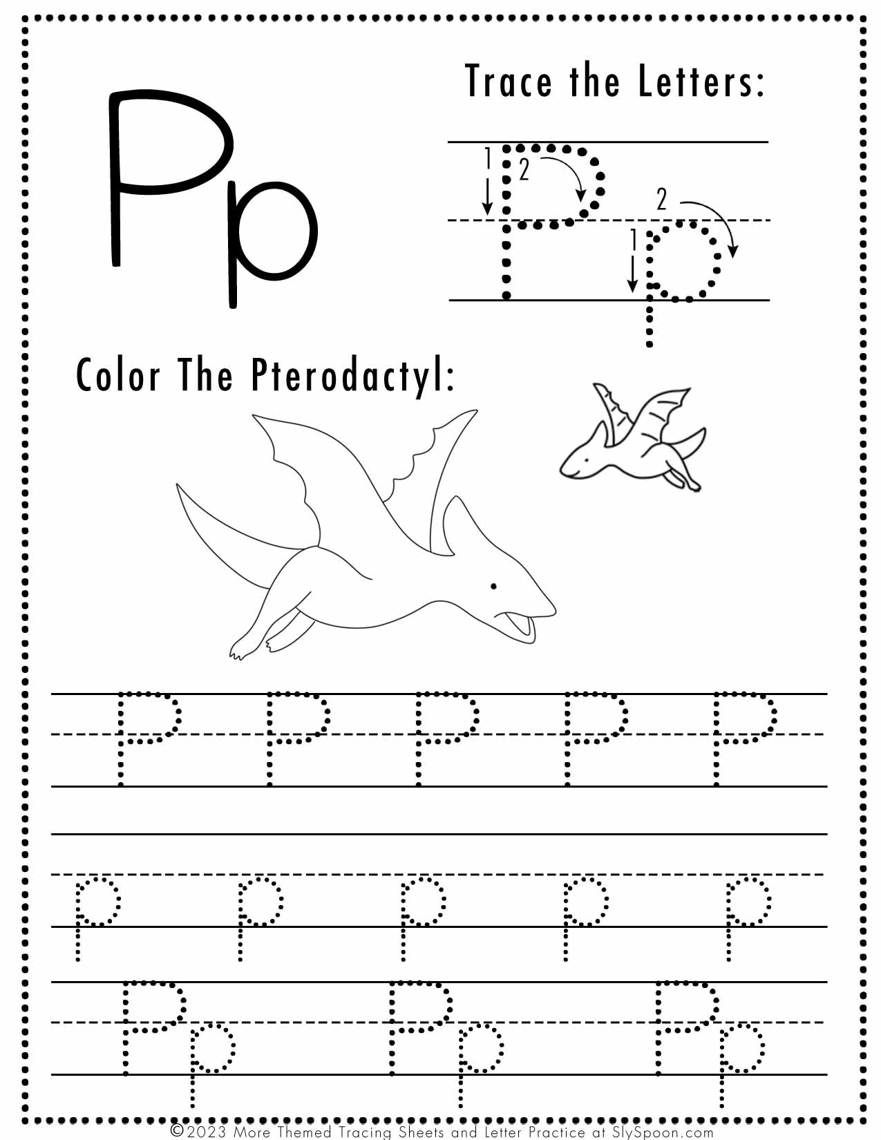 Free Letter P Tracing Worksheet Printable Dinosaur Themed Sly 