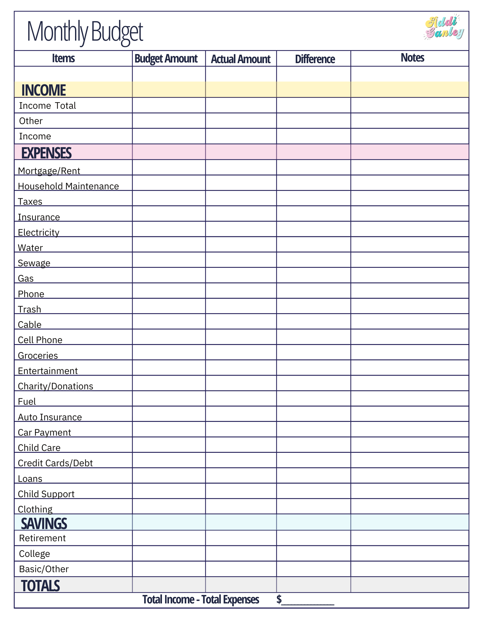 Free Monthly Budget Template Instant Download Worksheets Library
