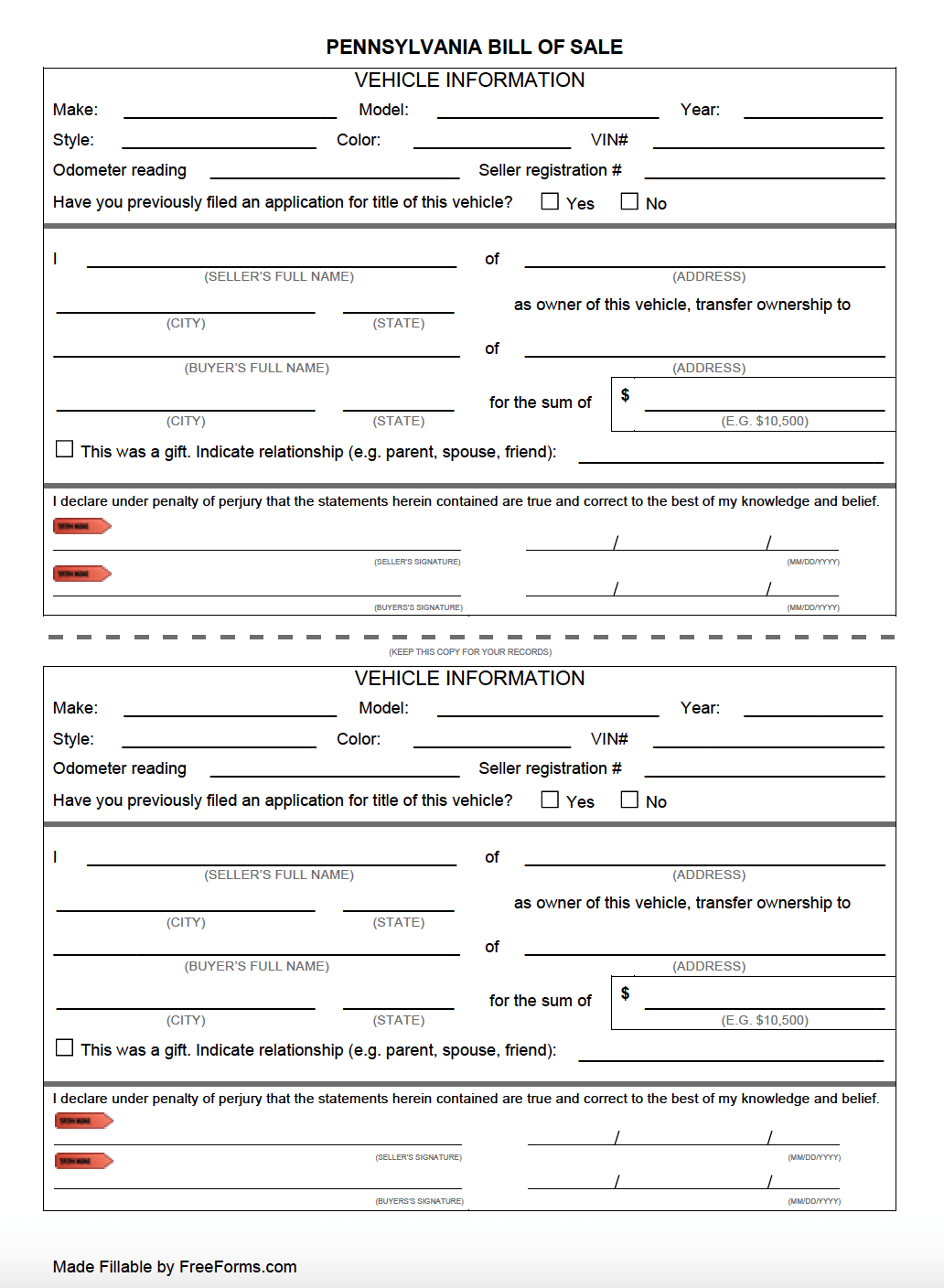Free Pennsylvania Motor Vehicle DMV Bill Of Sale Form PDF