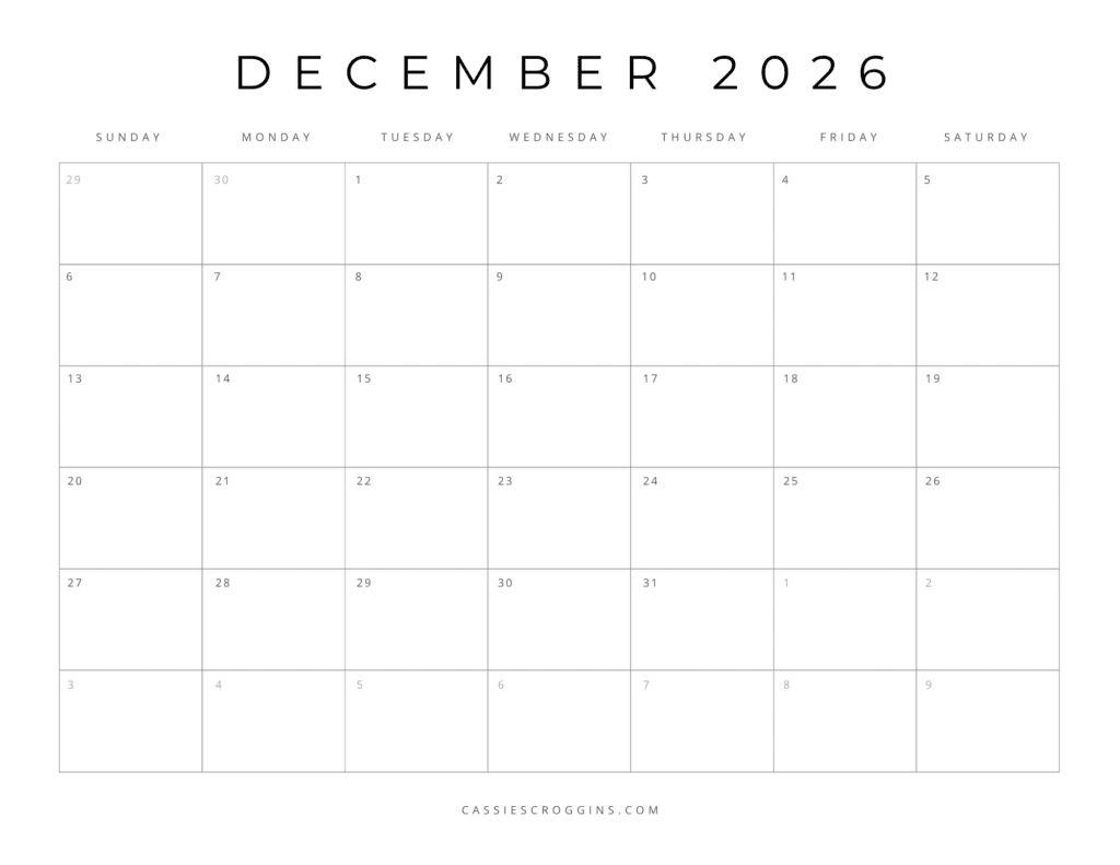 Free Calendar Printable December 2026