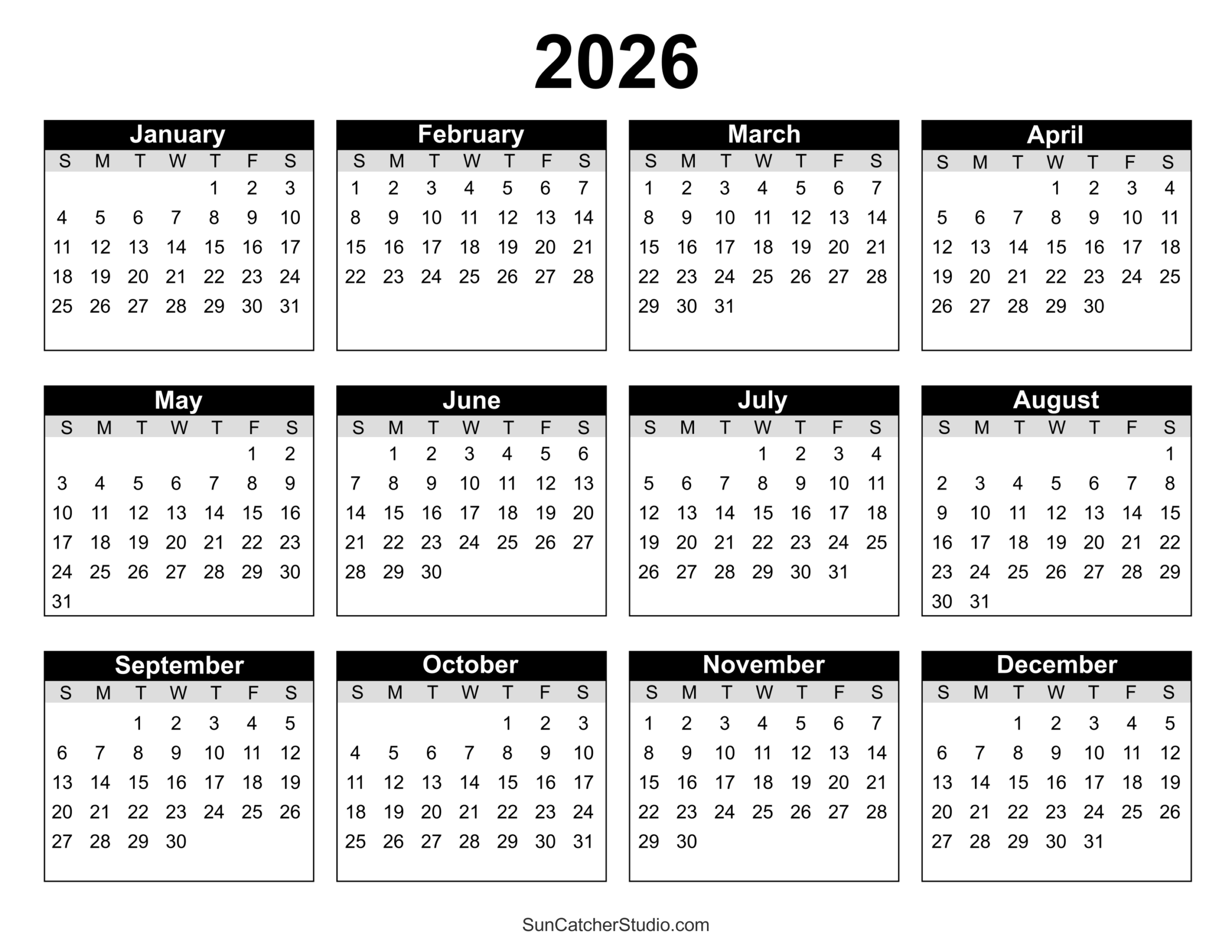 Free Printable 2026 Calendar By Month