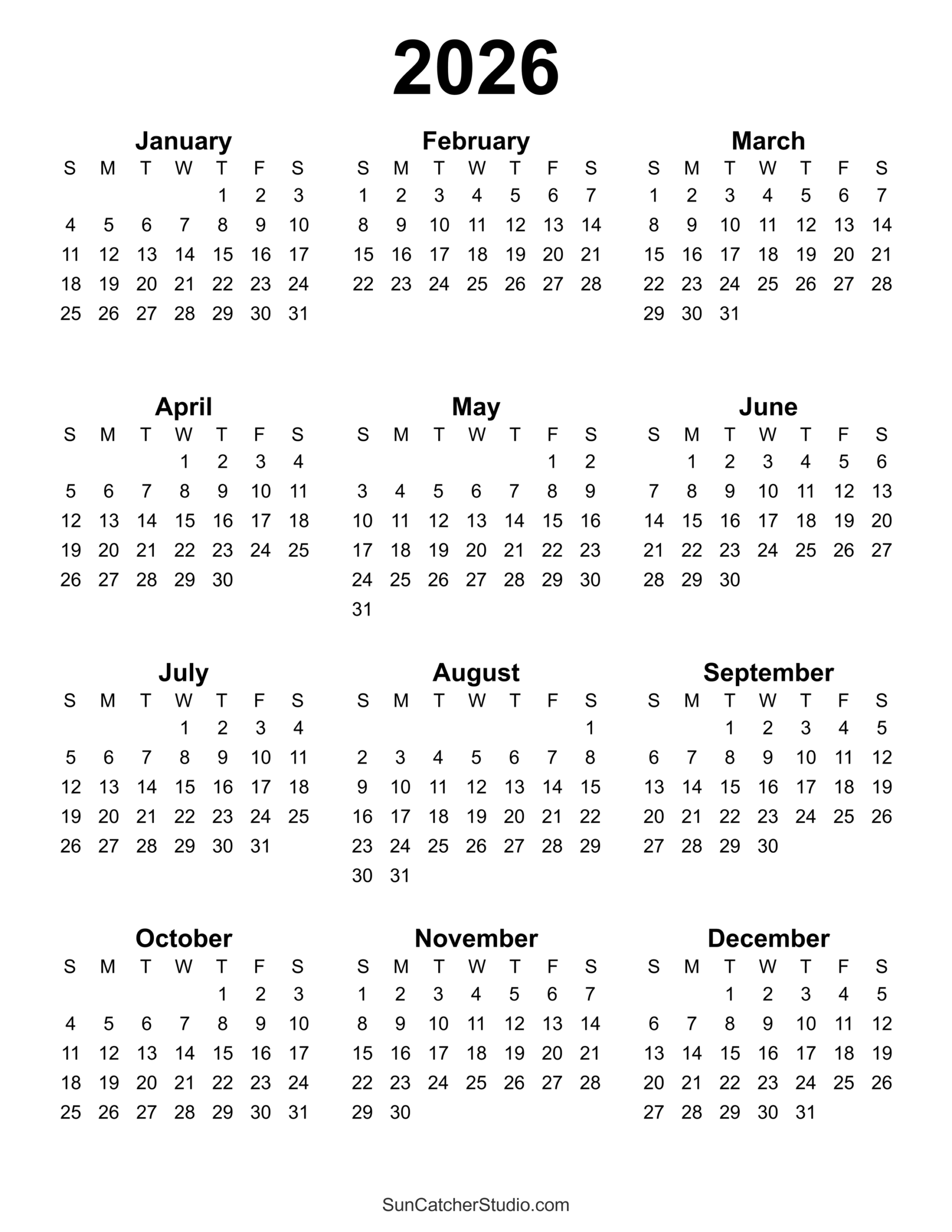 Free Printable 2026 Yearly Calendar Free Printables Monograms 