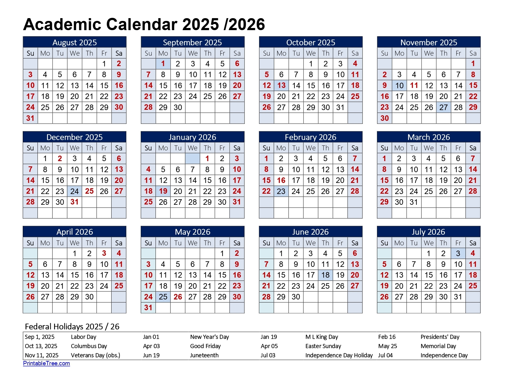 December 2026 Academic Calendar Printable