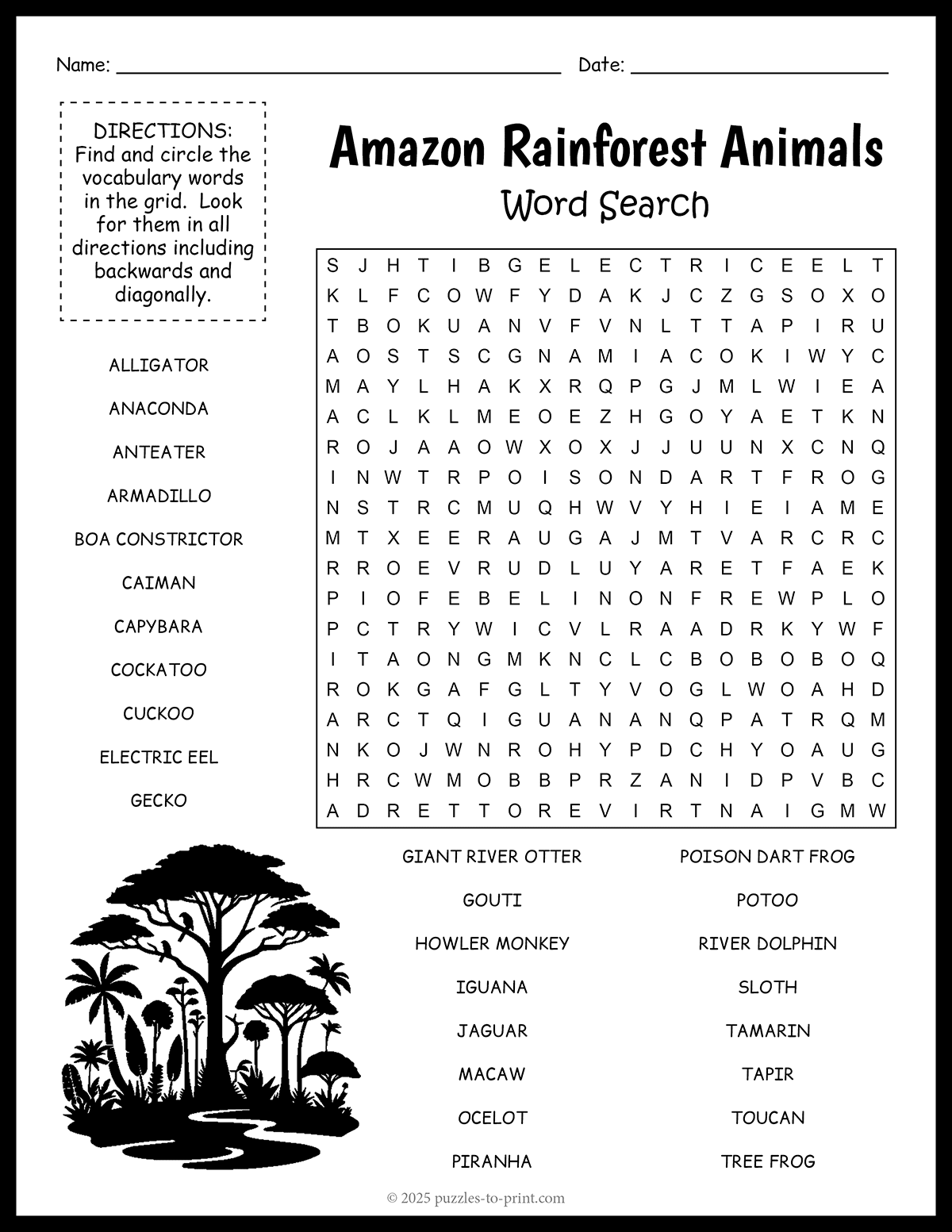 Free Printable Amazon Rainforest Animals Word Search