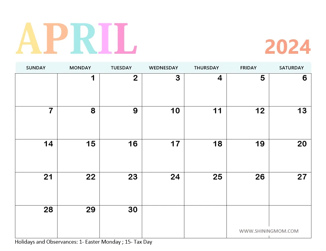 April Printable Calendars Blank