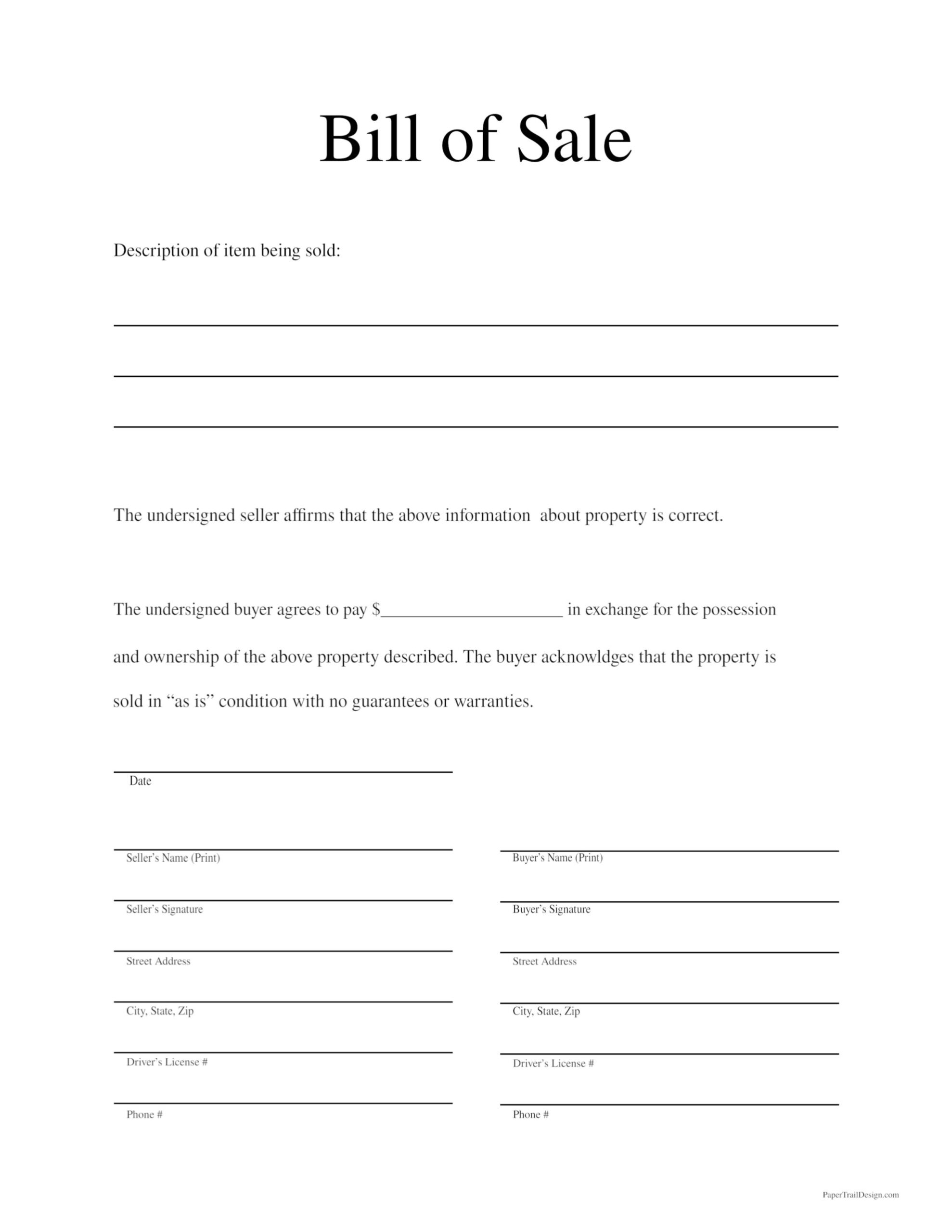 Simple Bill Of Sale Form Printable Free