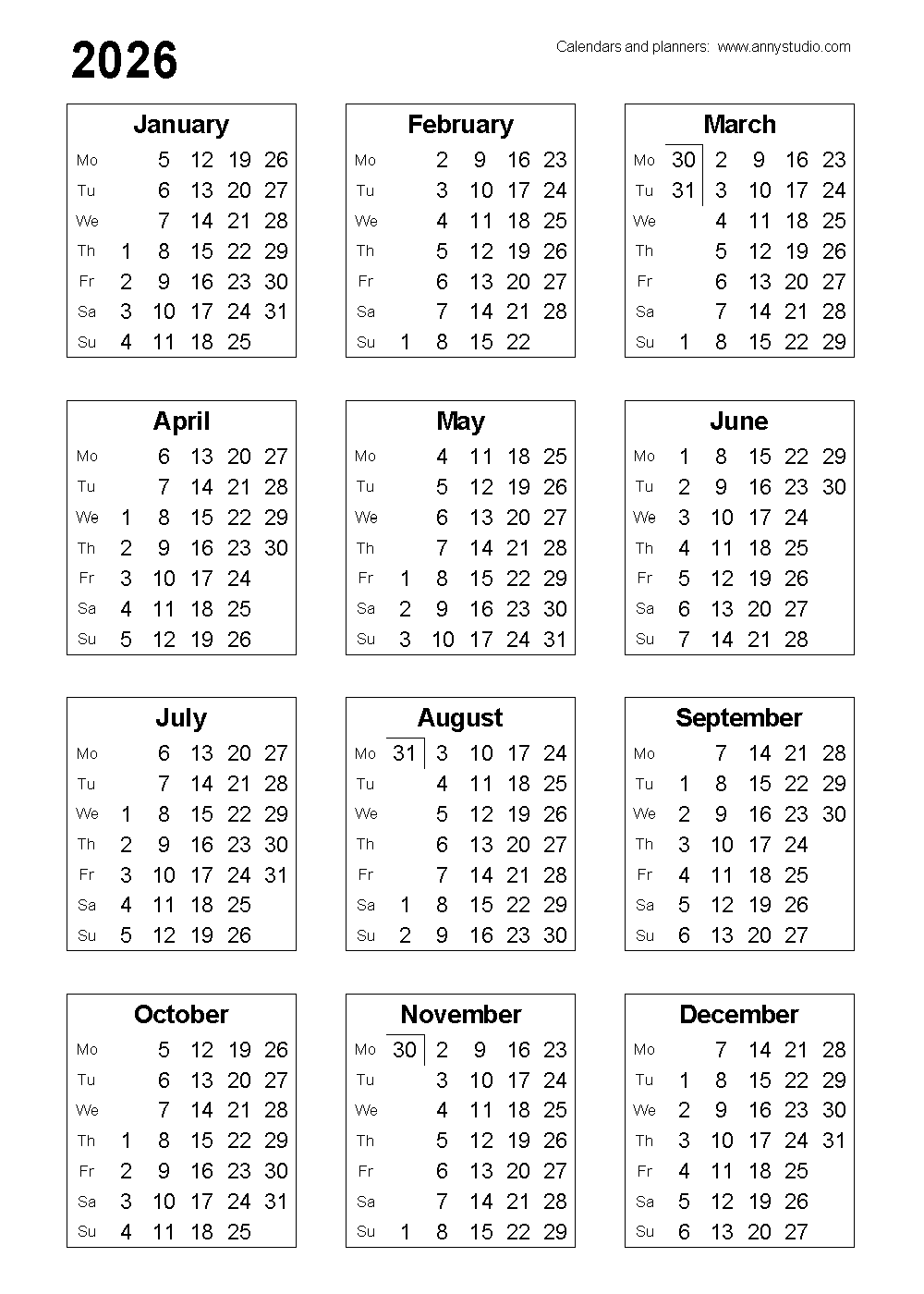 Fiscal Year 2026 Calendar Printable