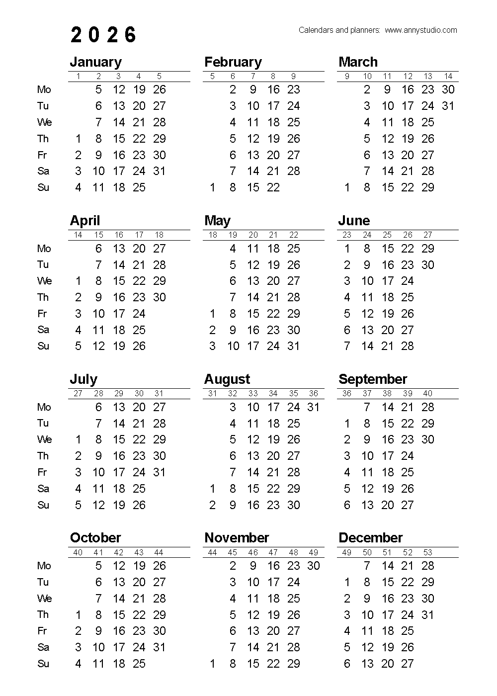 2026 Calendar With Week Numbers Printable