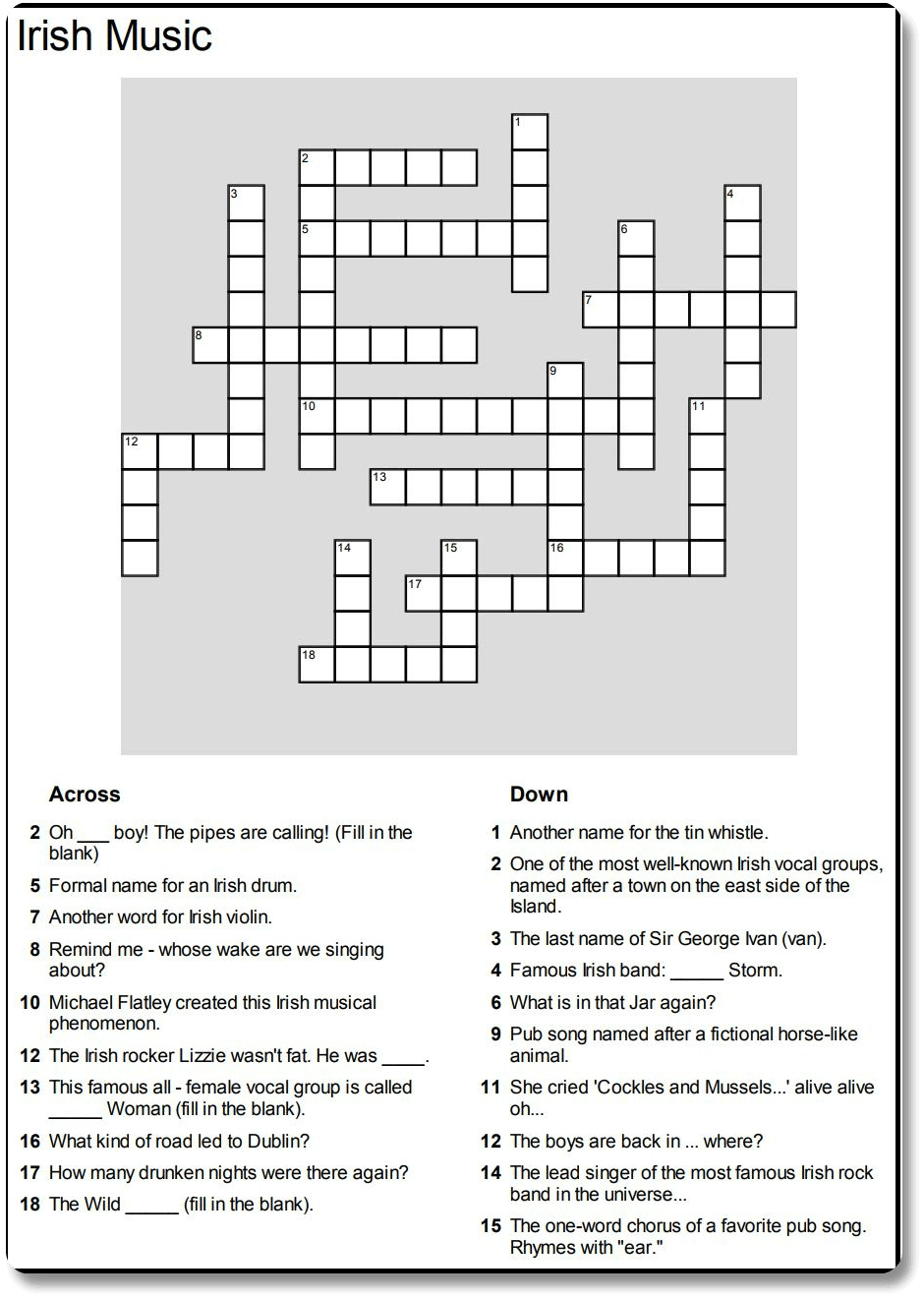 Music Crossword Puzzles Printable