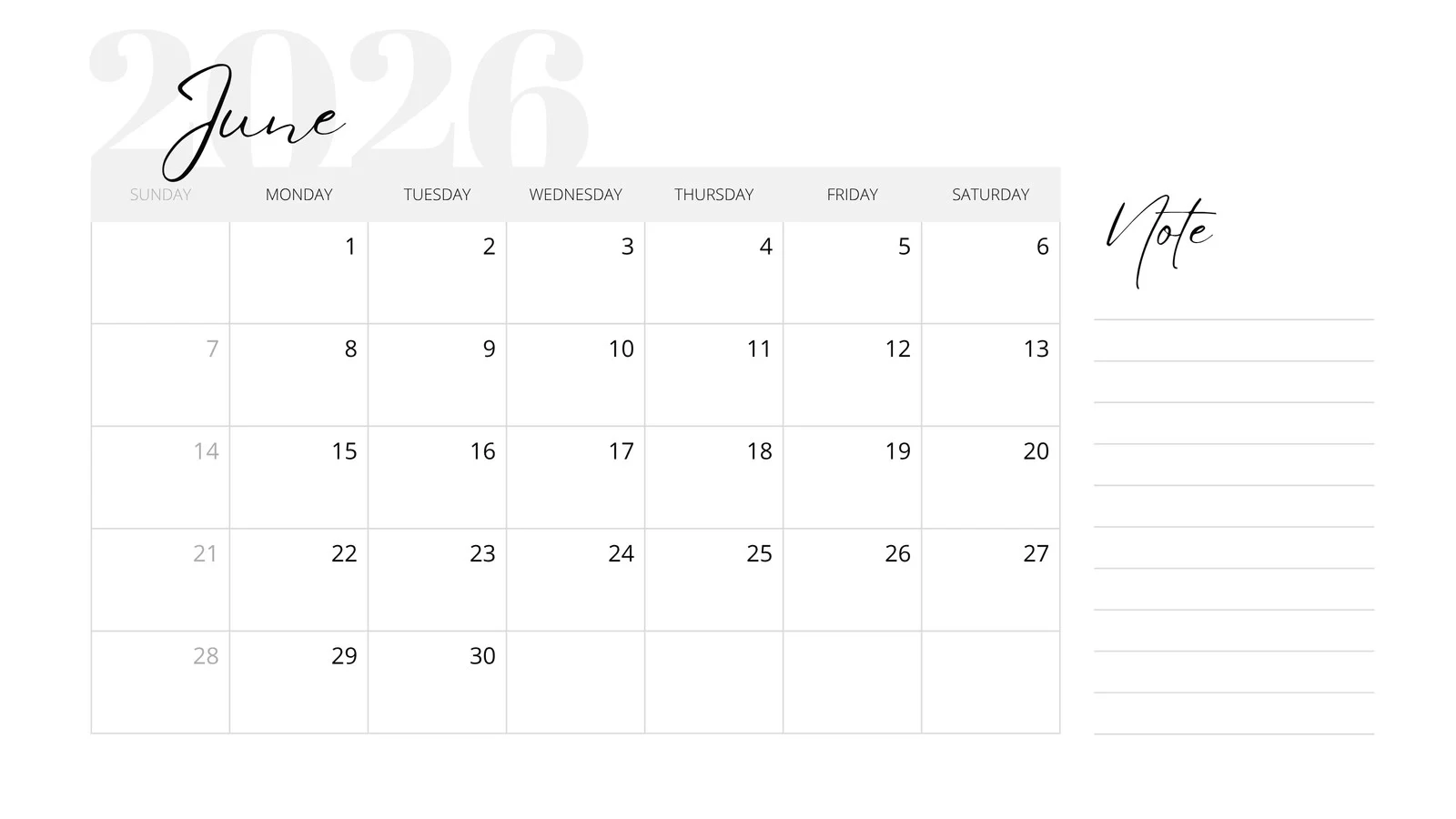 June 2026 Calendar Blank Printable