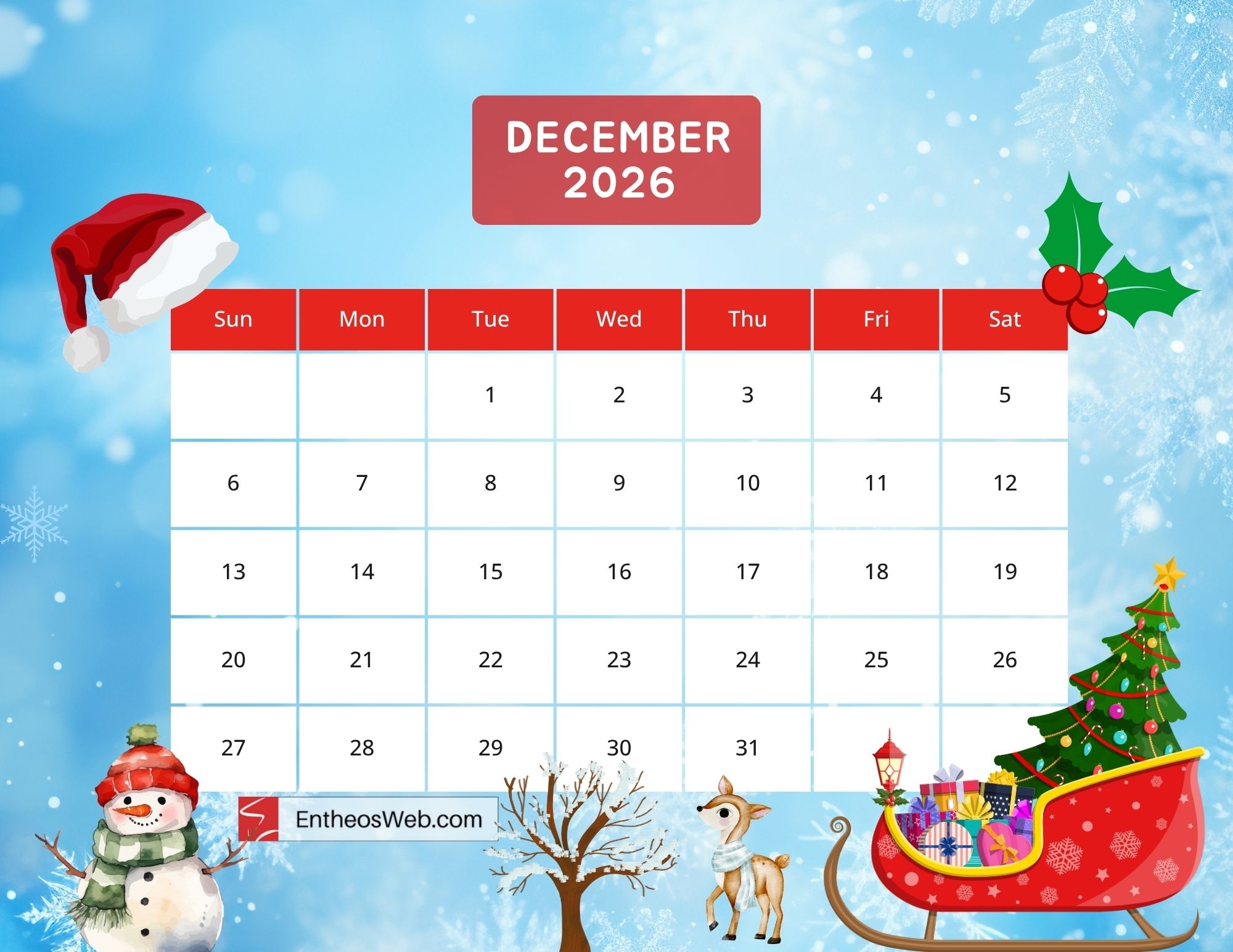 December 2026 Printable Calendar Wallpaper