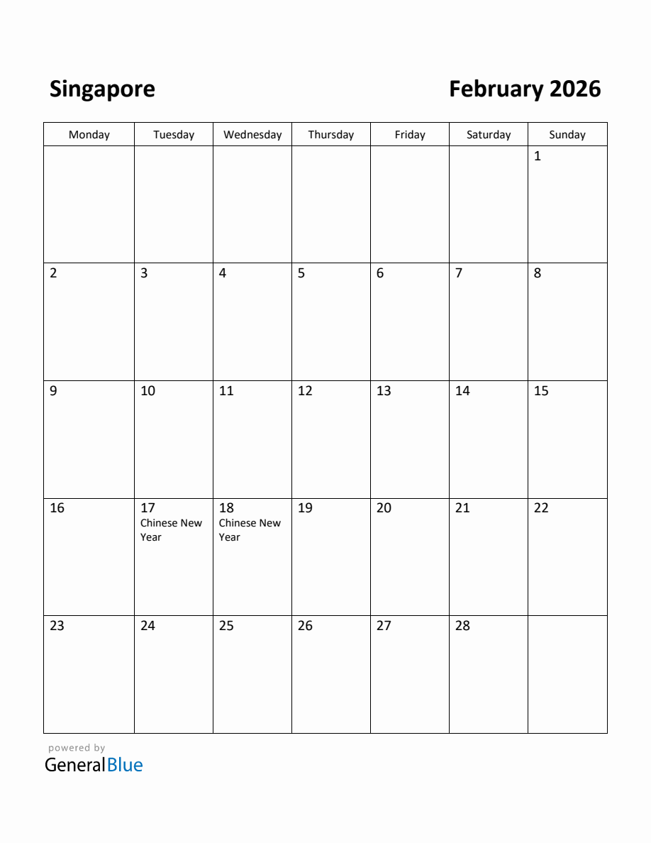 Free Printable February 2026 Calendar For Singapore Monday Start 